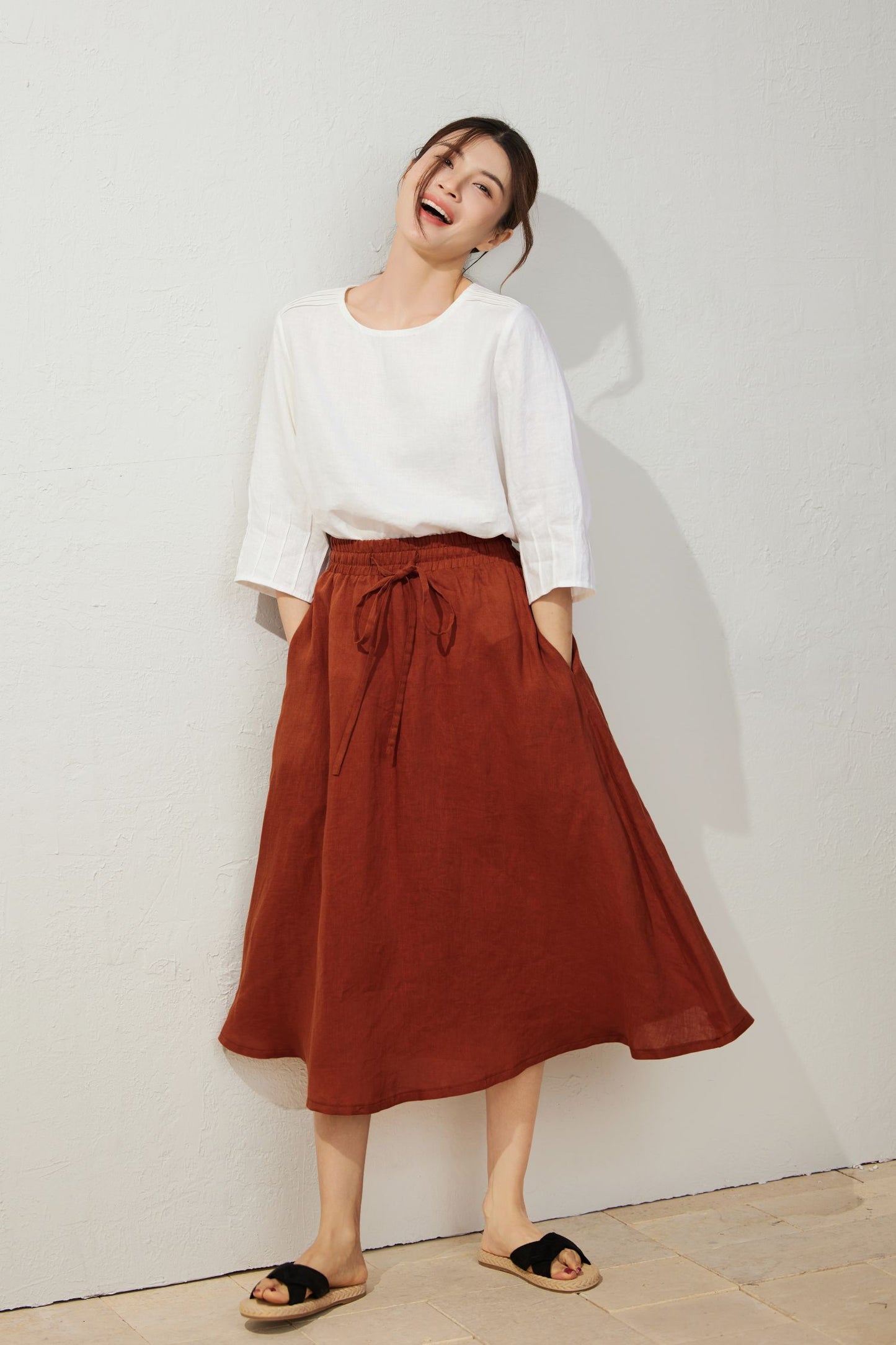 Elegant Orange Elastic Waist Skirt C3932