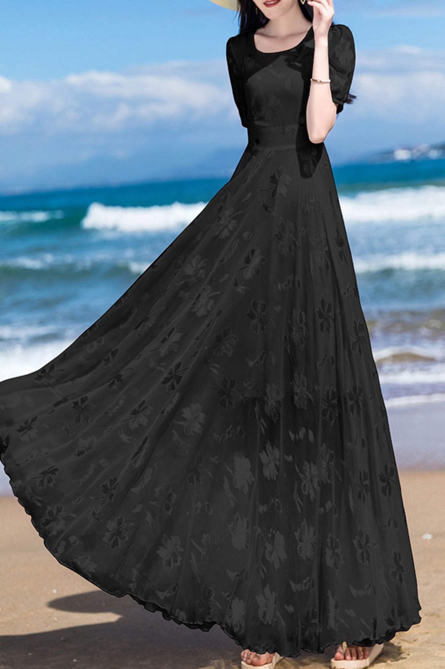 Beige chiffon women summer new long round neck dress C4092