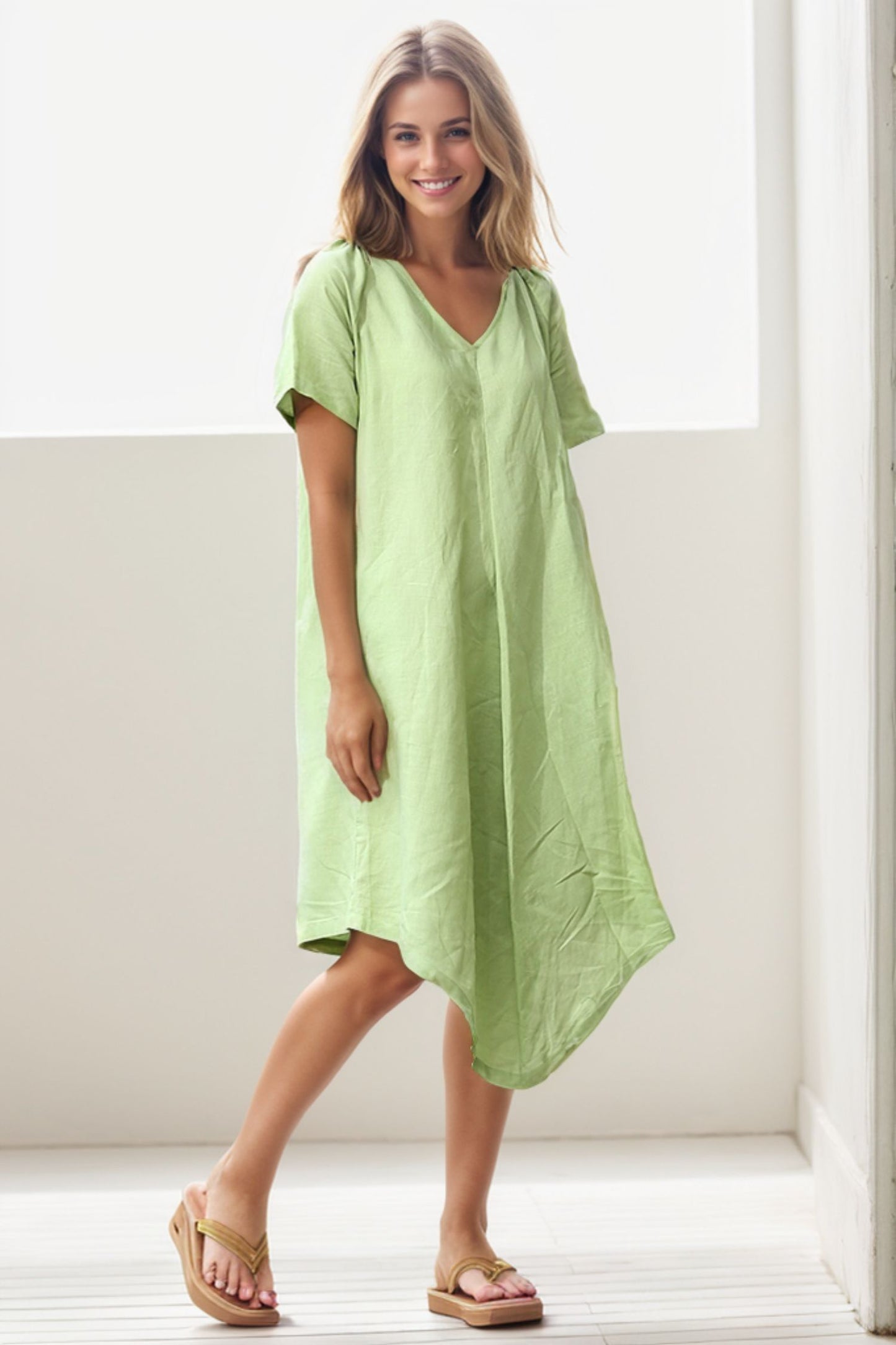 Midi Linen Dress in green C273