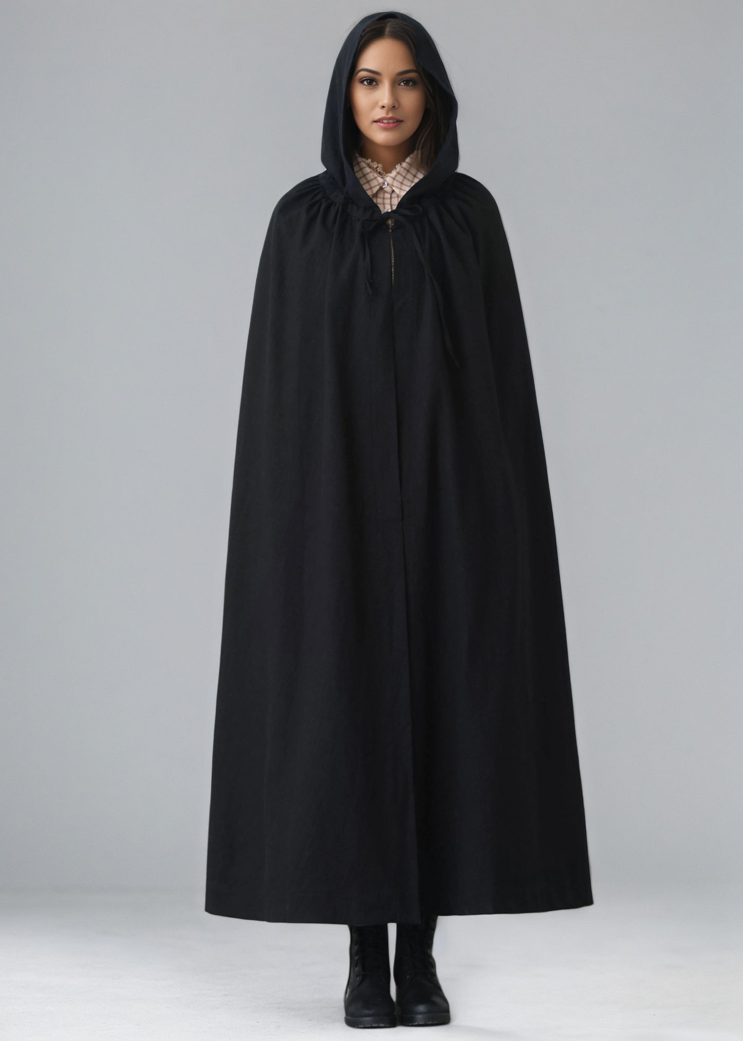 Black Medieval Hooded Linen Cape Cloak C5149