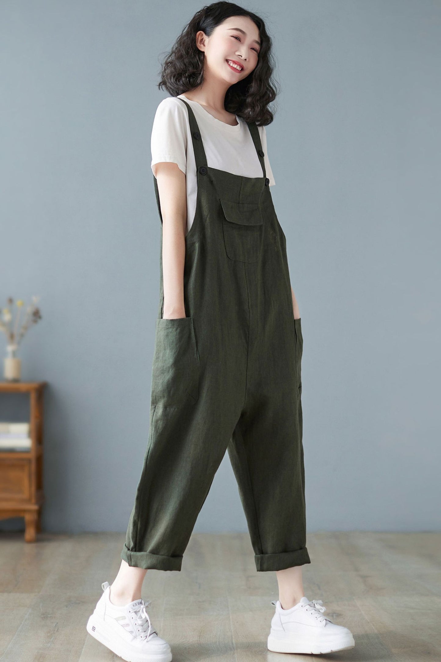 Women Army Green Casual Cropped Linen Overalls C2722