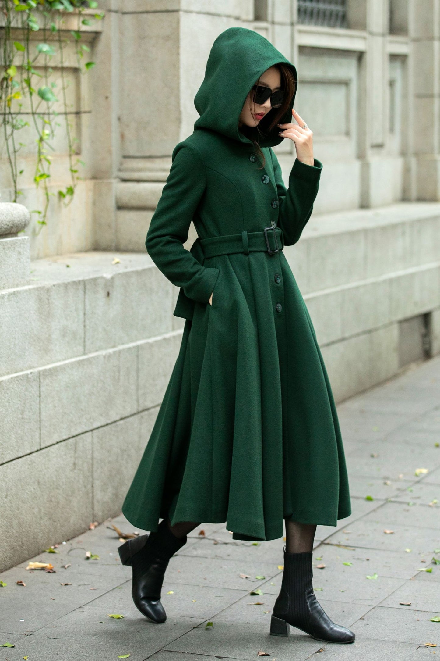 Swing green hooded wool coat C4503