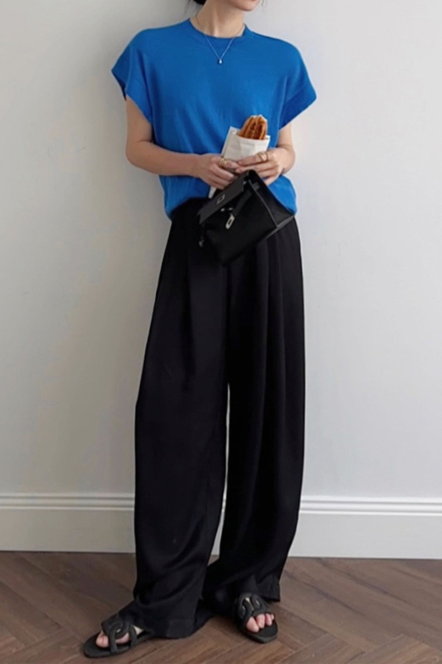 Linen wide leg high waisted pants L0618