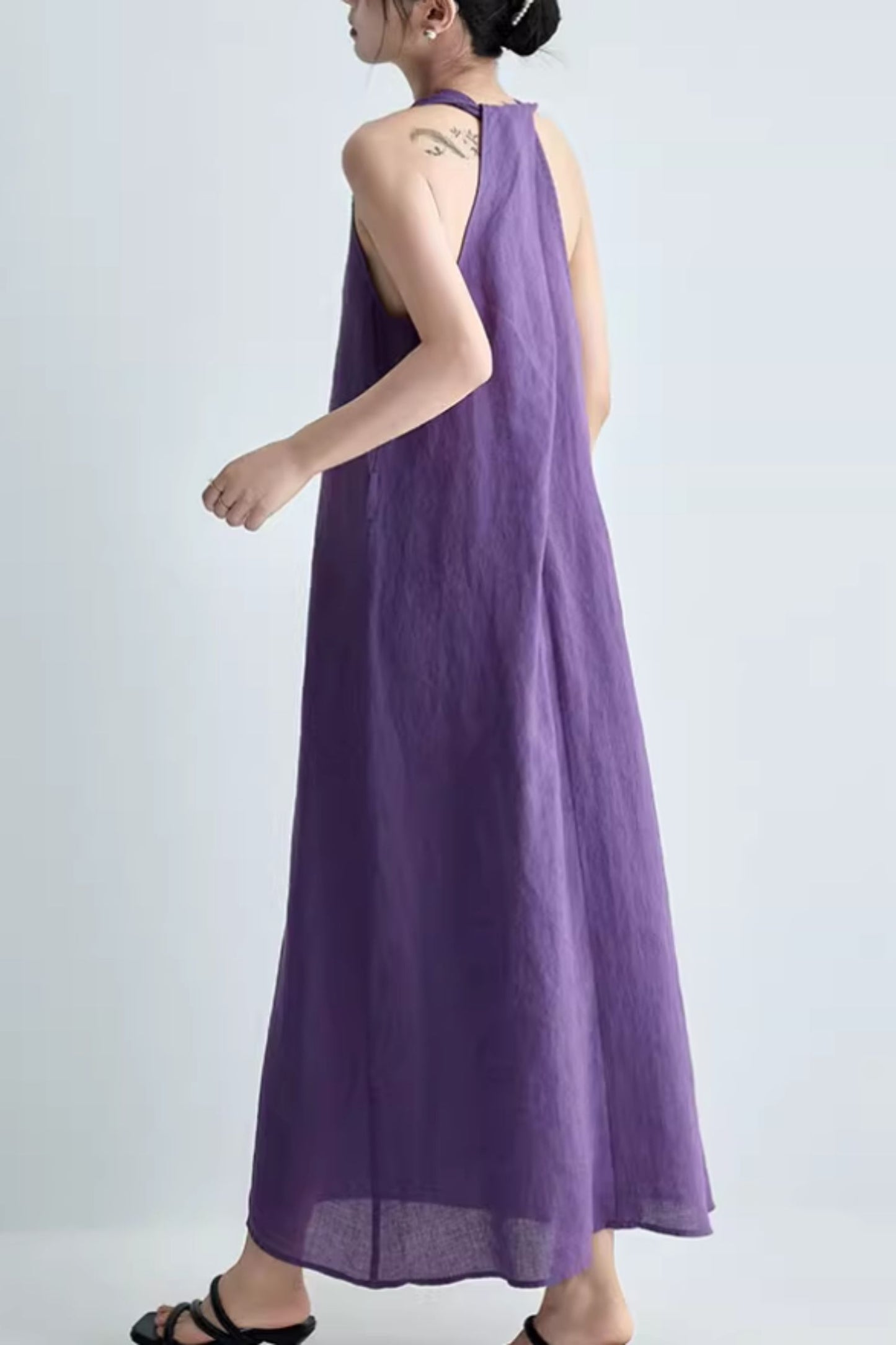 Purple loose fitting summer linen dress C5064