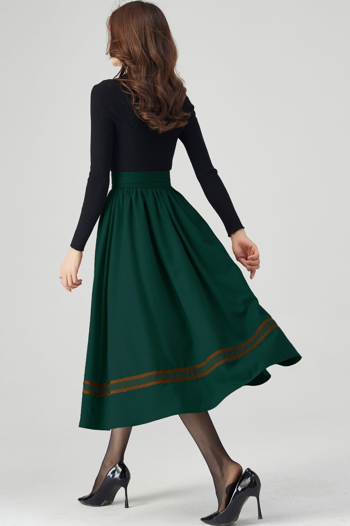Button Front Swing Green Wool Skirt C4513