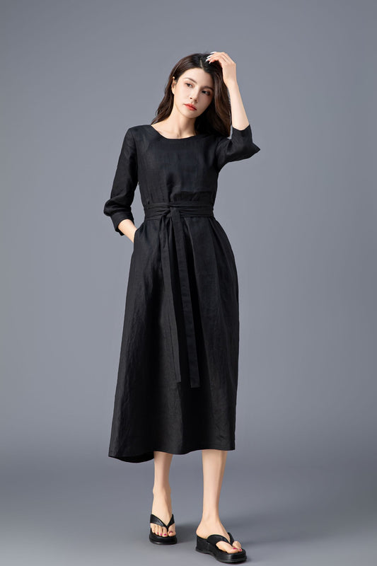 Black Linen Midi Dress - Belted Pleated Flowy Silhouette C3911