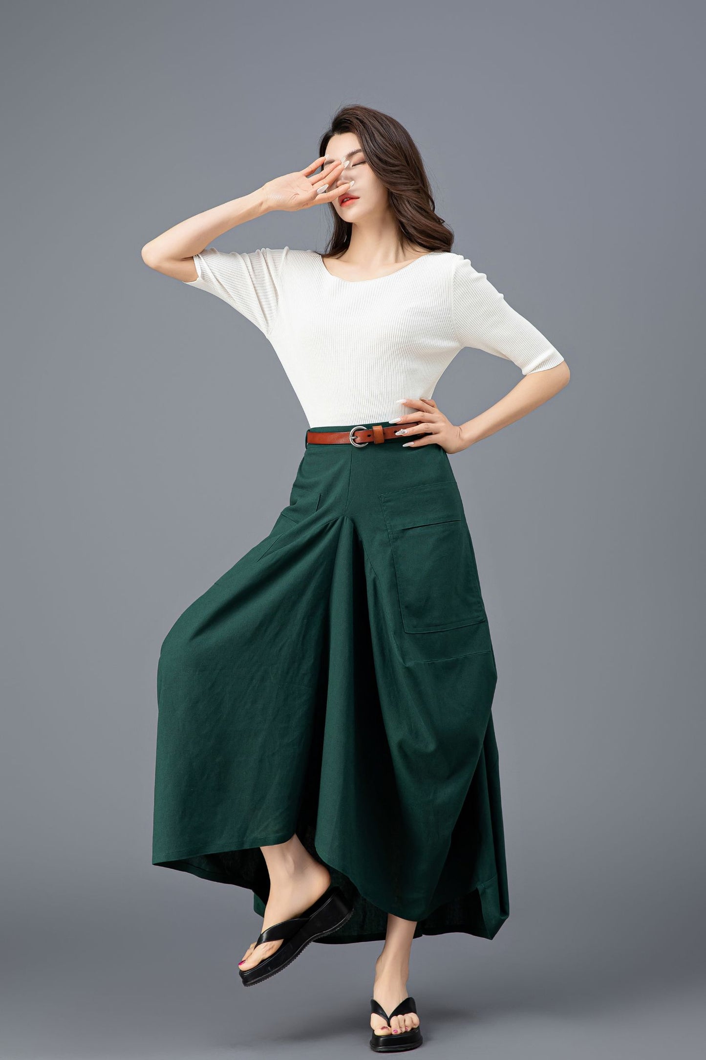 Women's Green Asymmetrical Casual Linen Skirt C3919