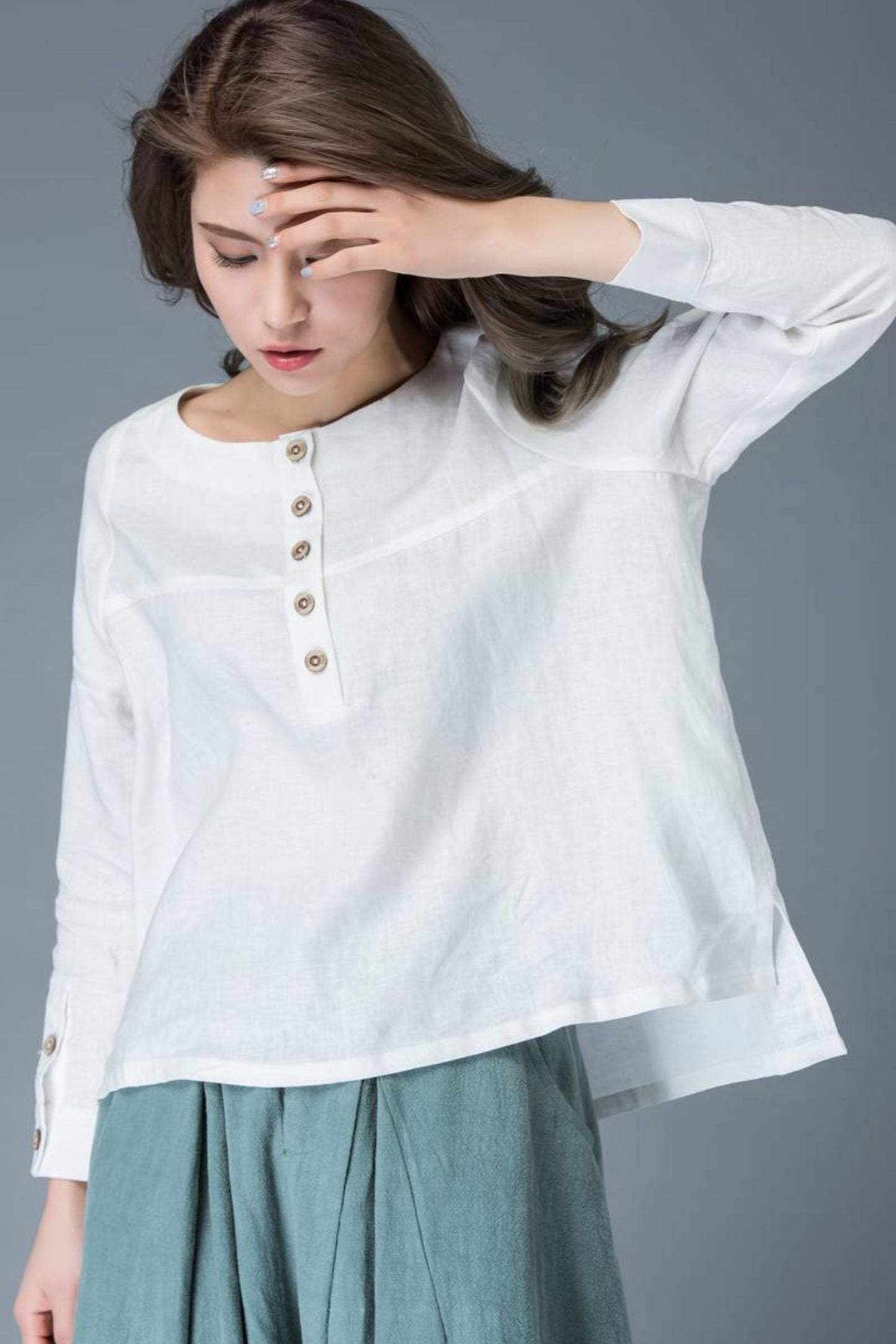 White linen causal womens long sleeves blouse C834
