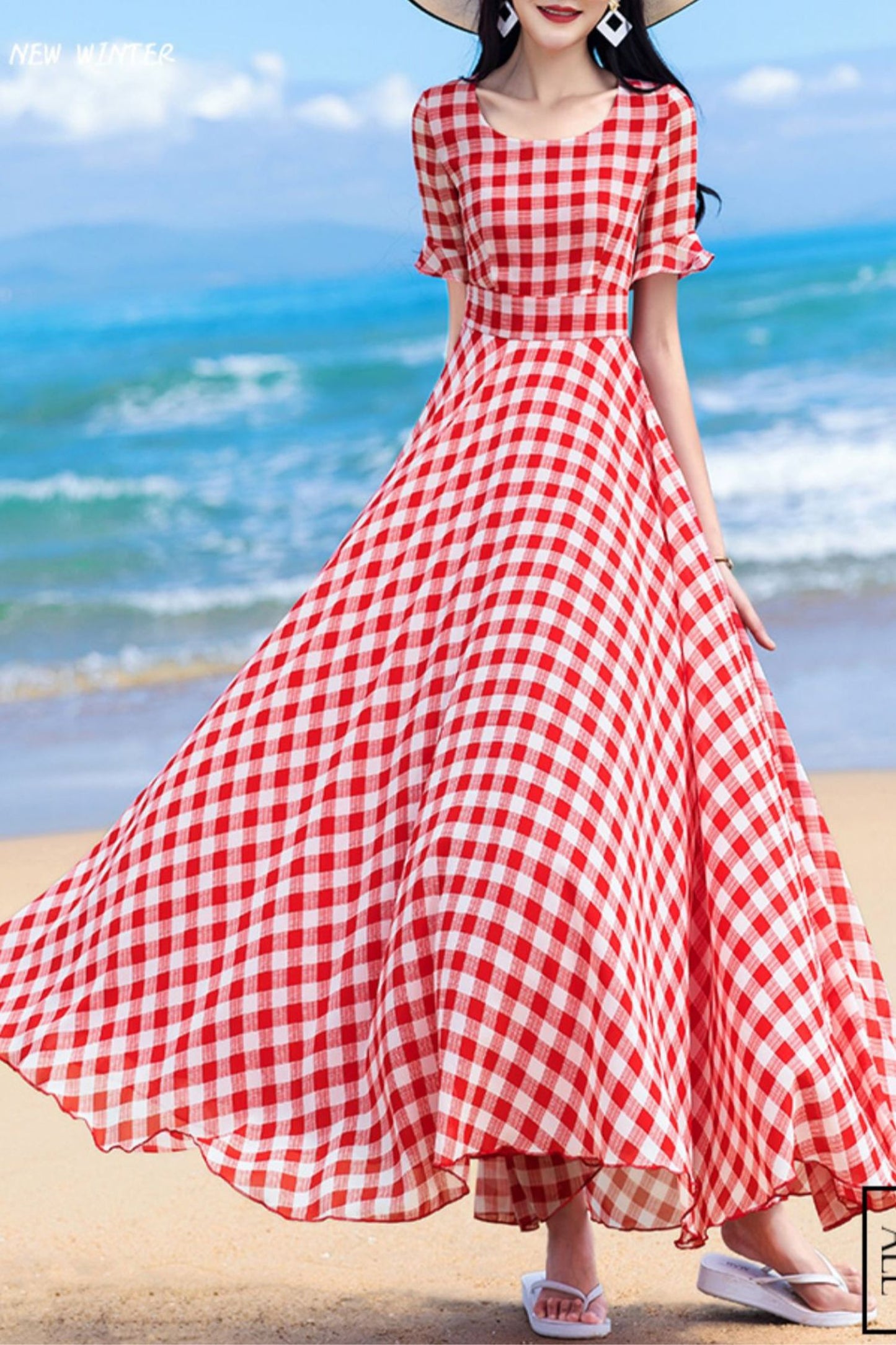 Chiffon Women Red Plaid Short Sleeve dress C4050