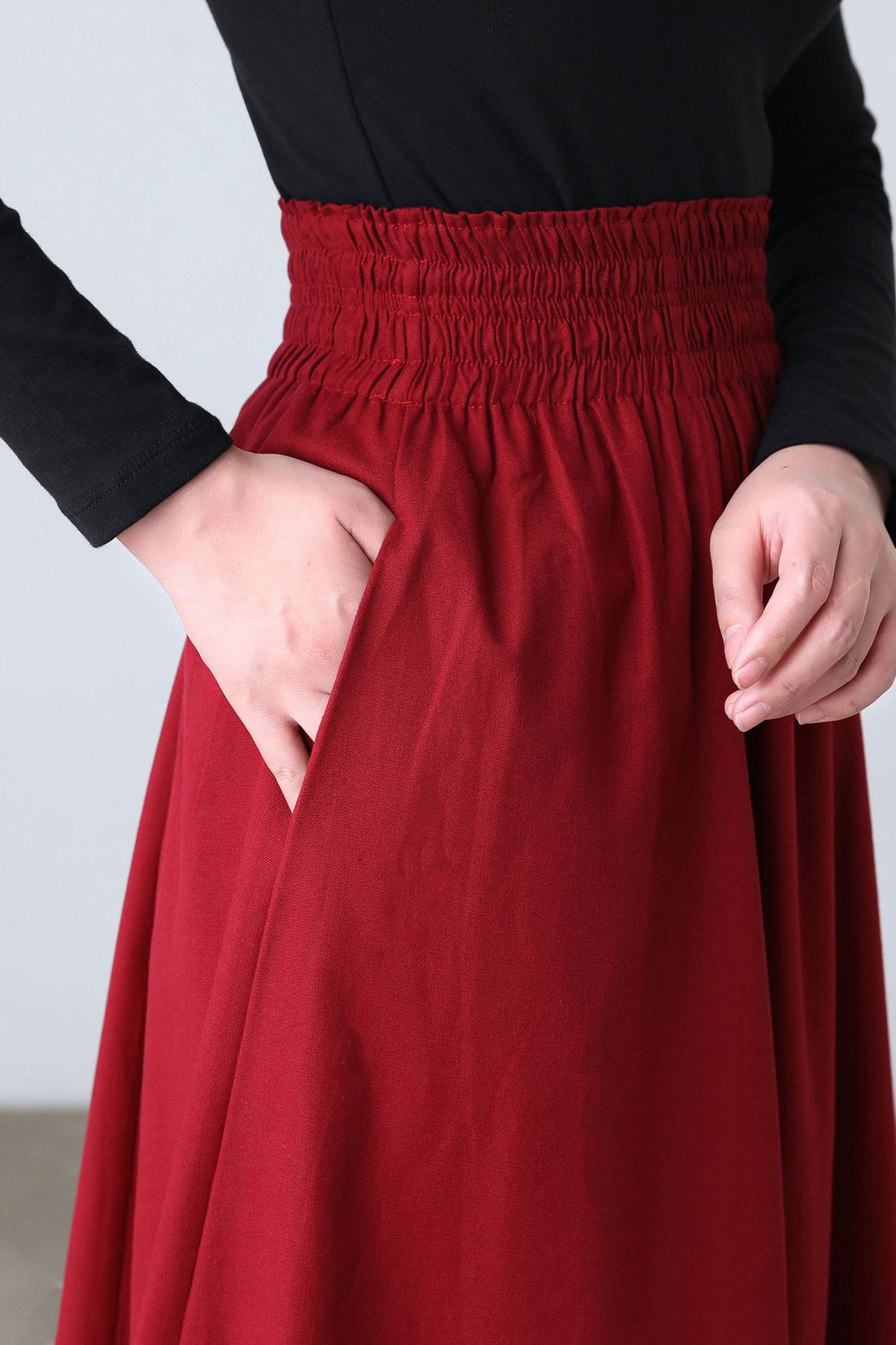 Red Maxi Linen Skirt, Full Swing Skirt C2610