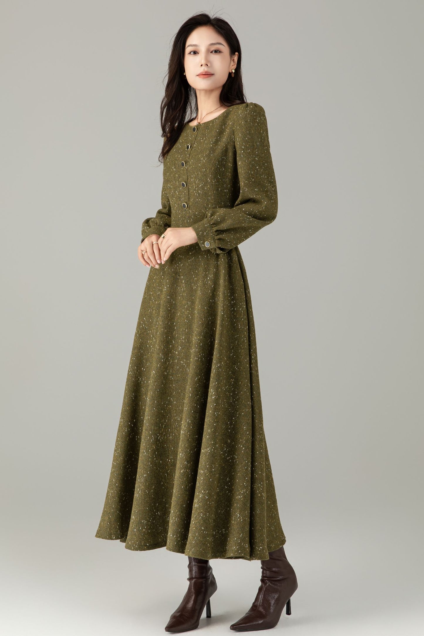 Olive Tweed Wool Maxi Dress — Vintage Button‑Front A‑Line with Pockets C5243