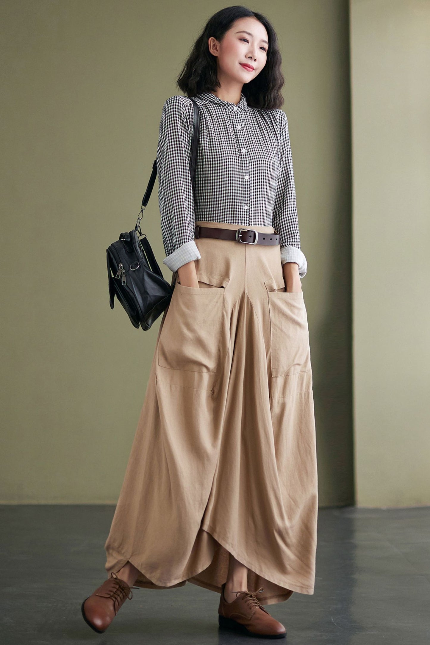 Khaki Asymmetric Linen skirt C2423