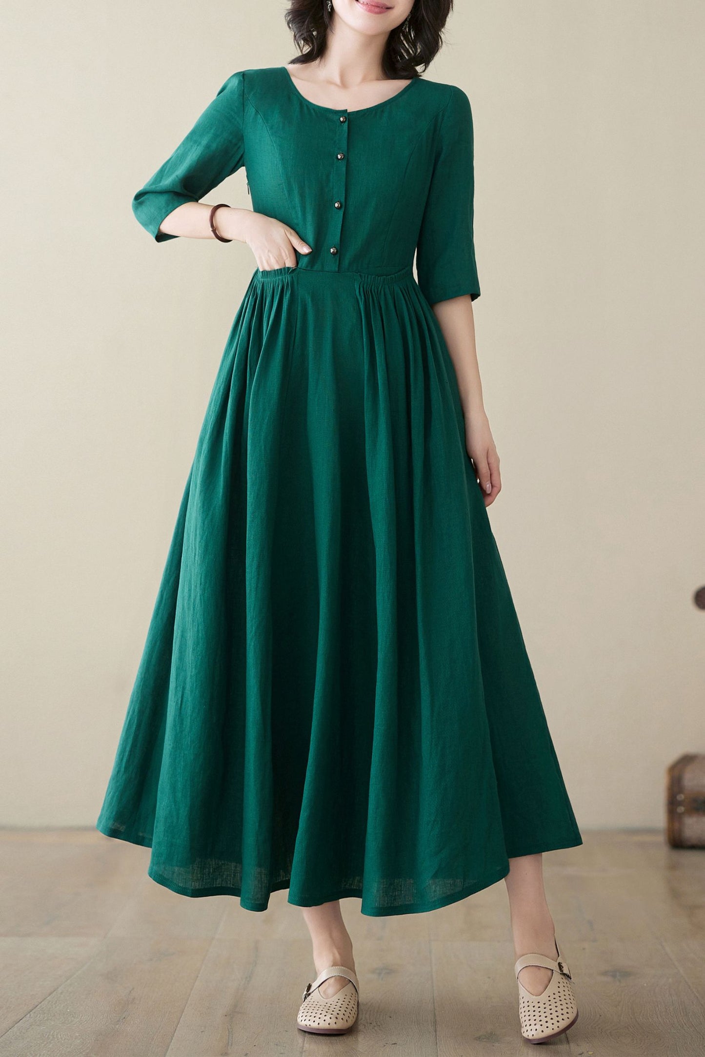 Summer Green Linen Dress C3947 -Size S #CK2400222