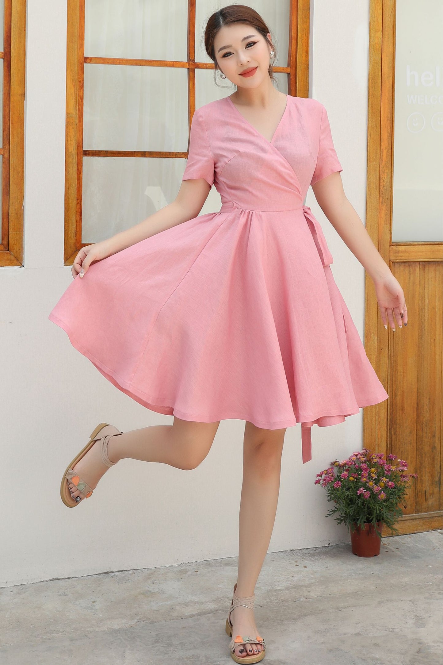 Pink Wrap summer Linen dress c4837