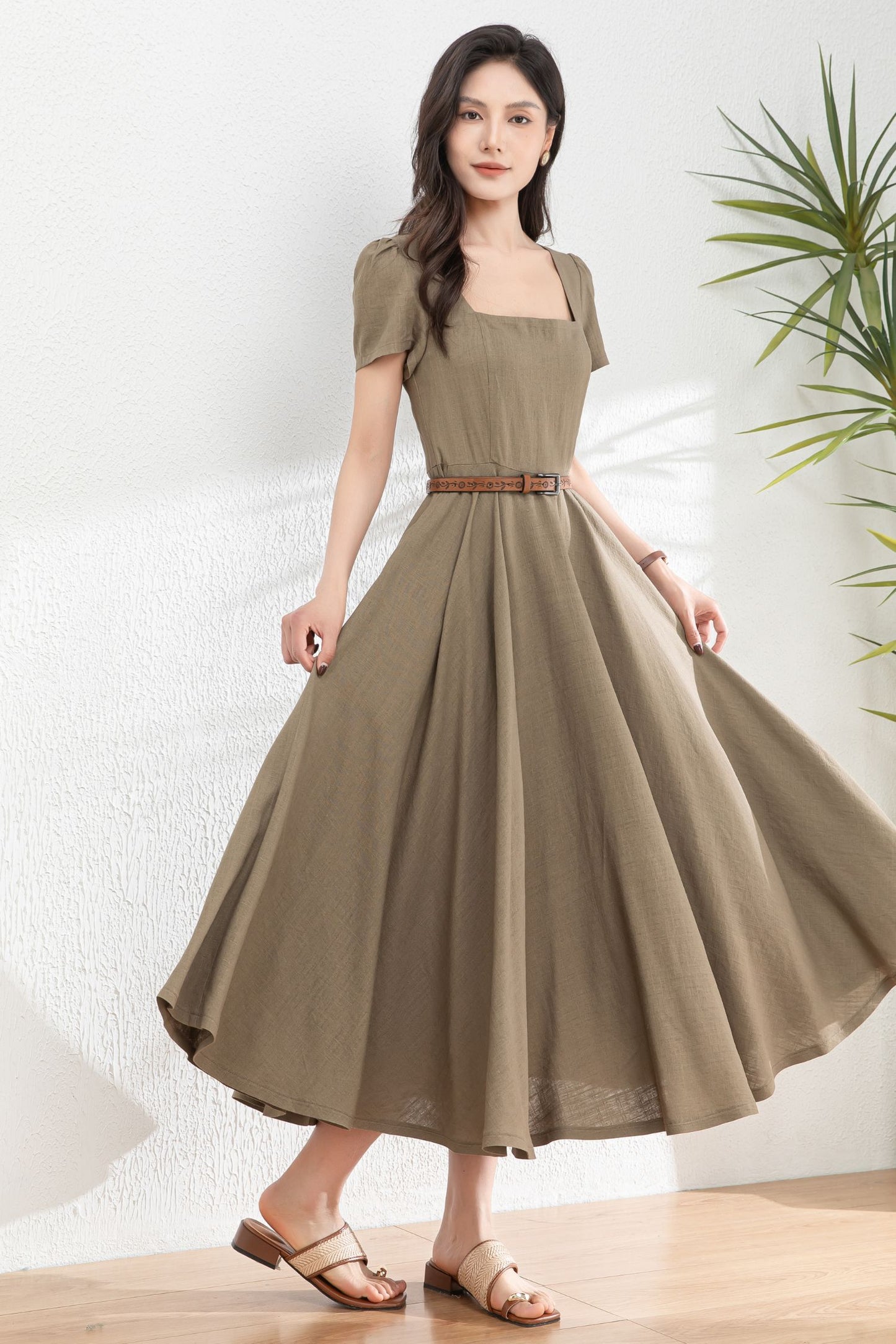 Womens Summer Green Linen Dress c4985