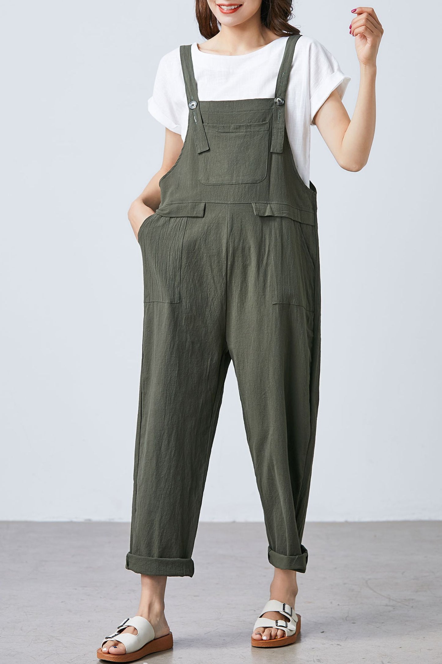Summer green linen jumpsuit women C1697