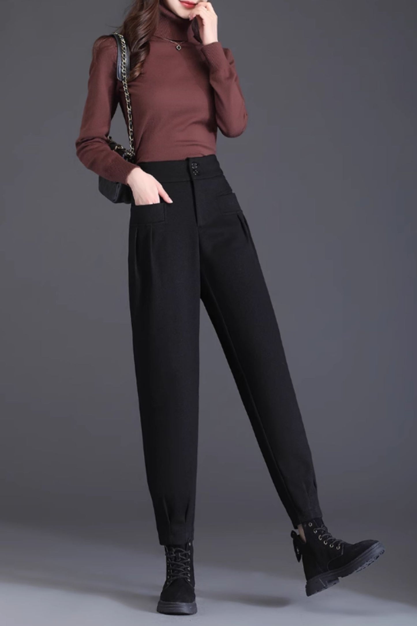 Loose fitting long wool pants women C4644