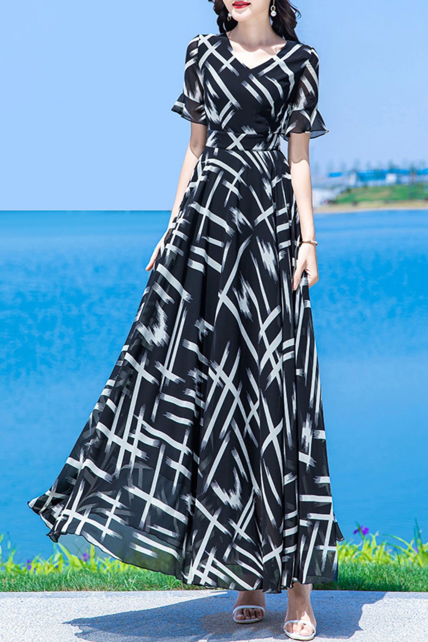 Chiffon black women dress C3995