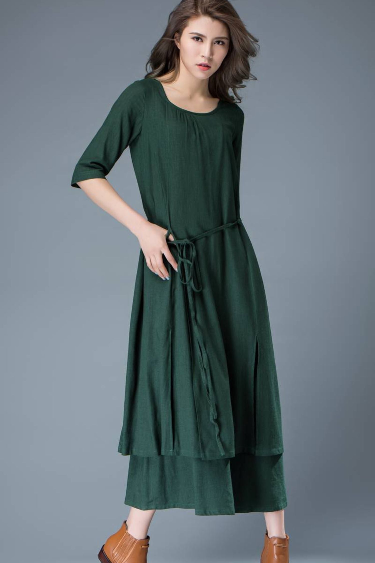 Emerald Green Loose-Fitted Layered Long Length Woman's Dress with Half YLISTYLE Emerald Green Loose-Fitted Layered Long Length Woman's Dress with Half YLISTYLE
