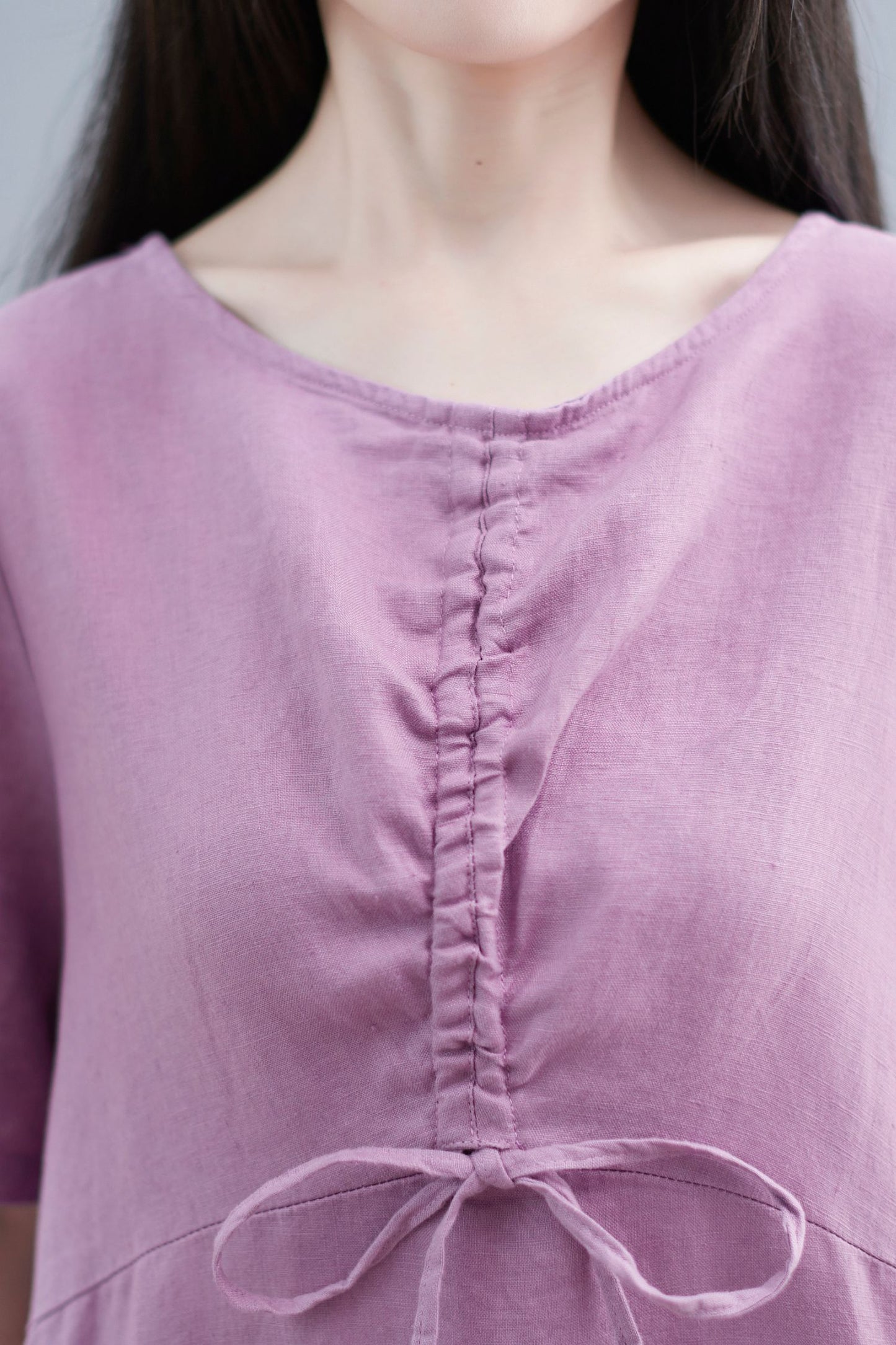 Purple Linen Midi Dress - Casual A-Line with Drawstring Detail C2252