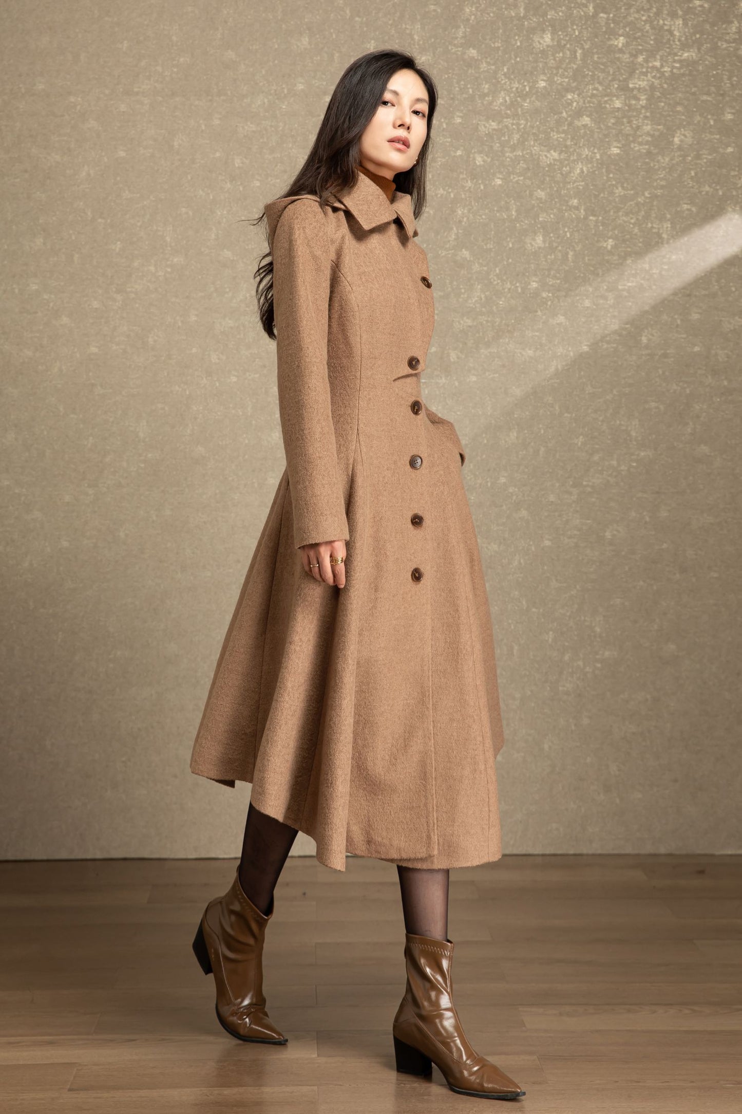 Handmade hooded maxi wool coat C4493