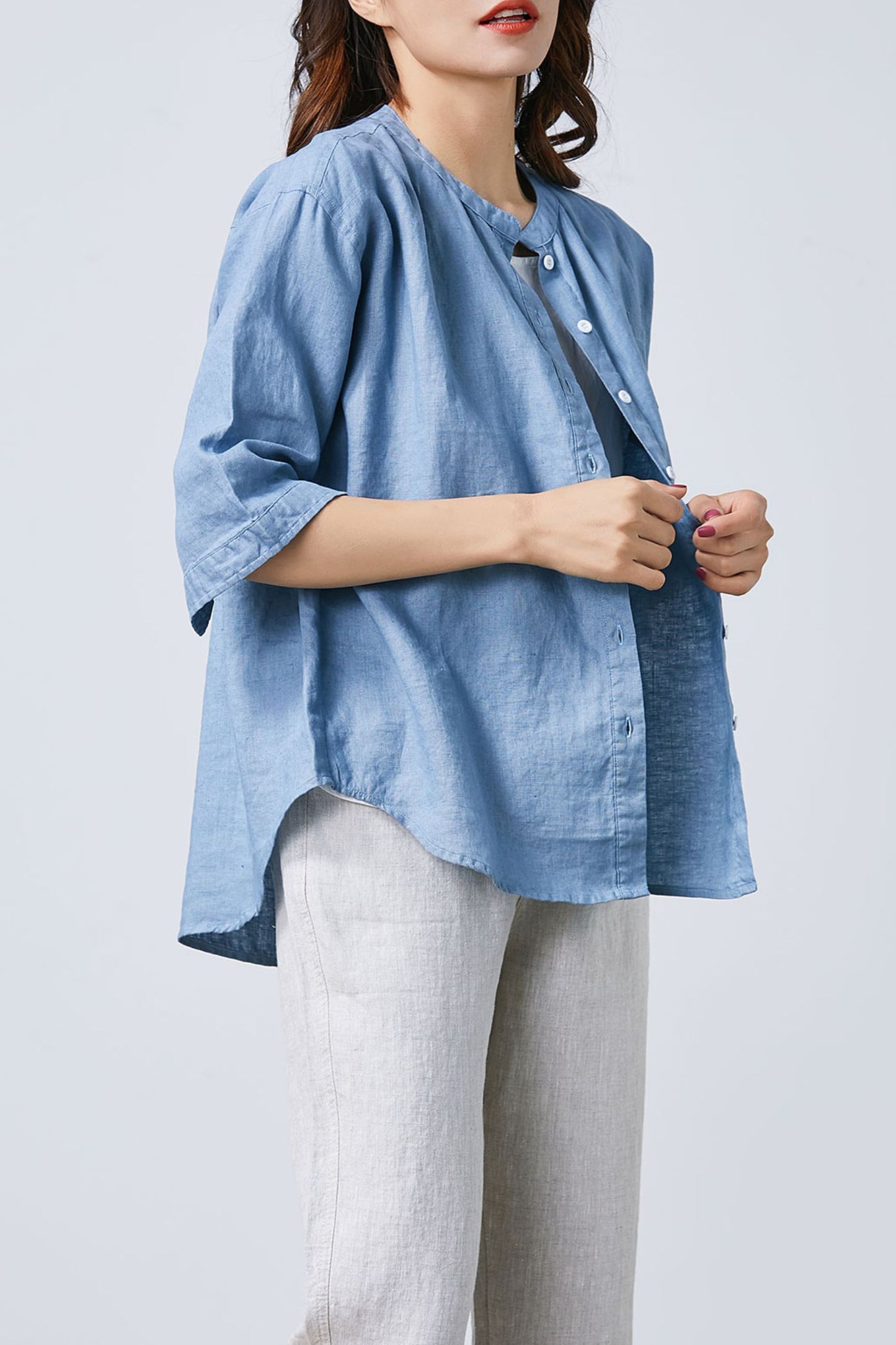 Blue Linen Button Up Shirt C1671