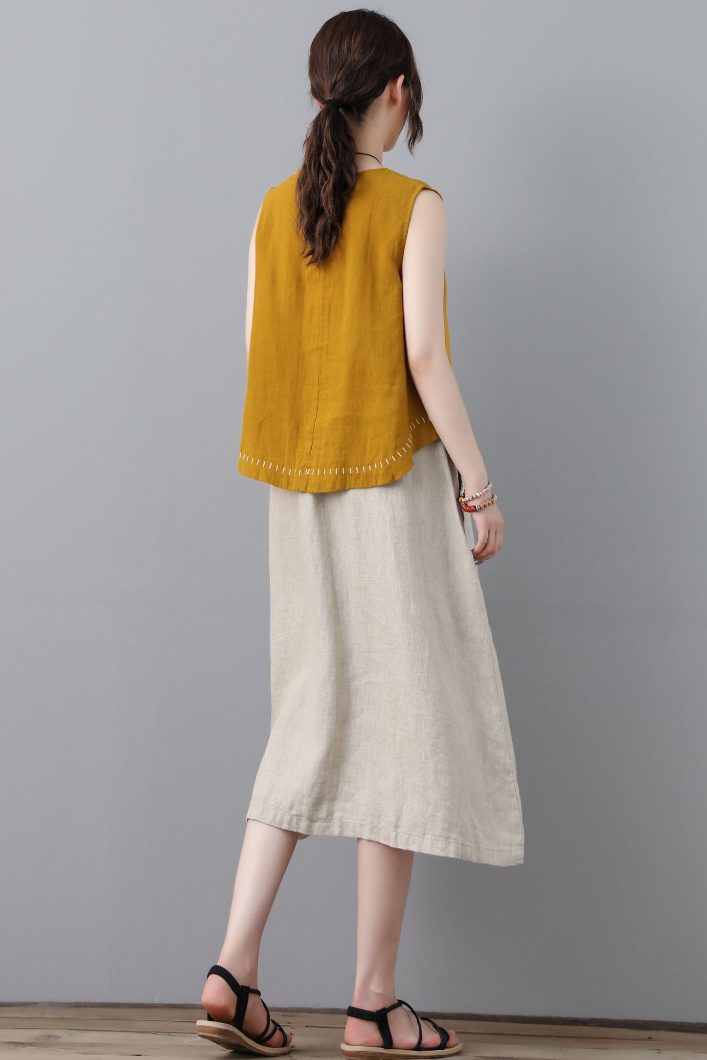 linen midi women summer natural A line skirt C2306