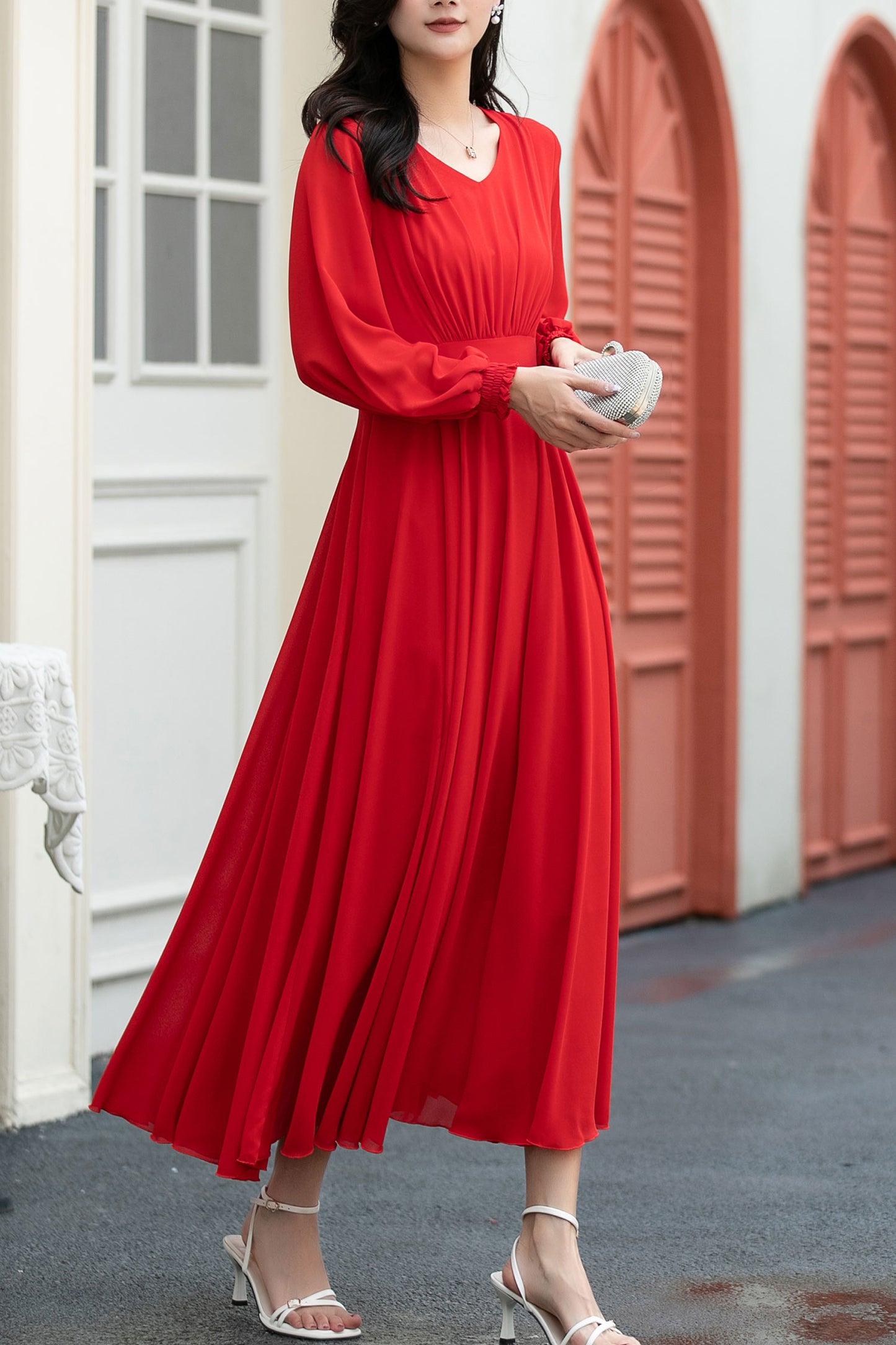 red fit and flare long chiffon dress C5039