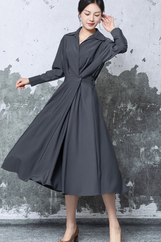 Gray Midi Dress: Collared Long Sleeve Dress with Flared Skirt, Ylistyle C5471