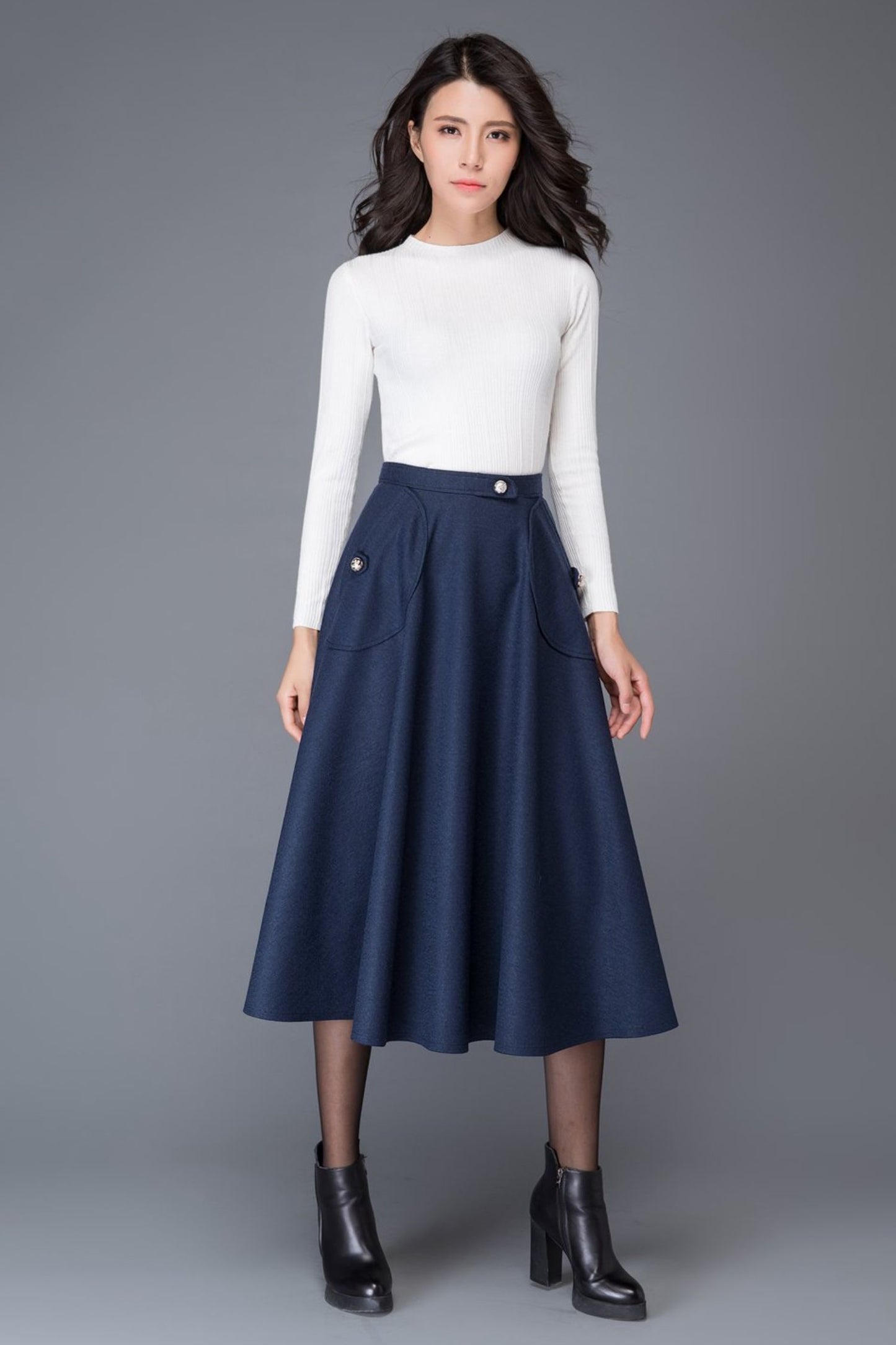 High waist blue midi winter wool skirt C1007