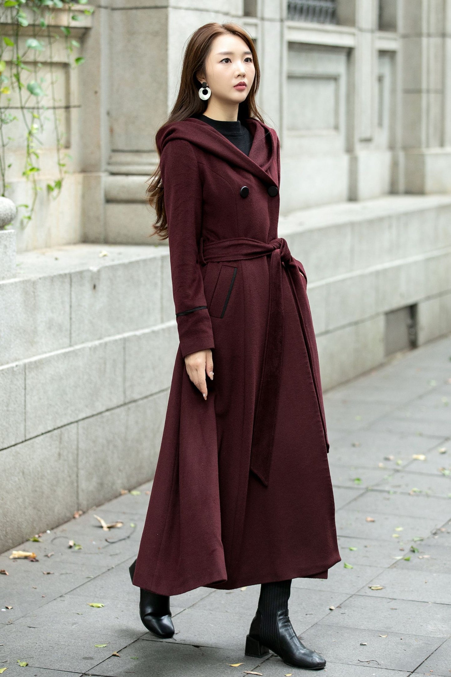 Hooded maxi winter trench wool coat C4506
