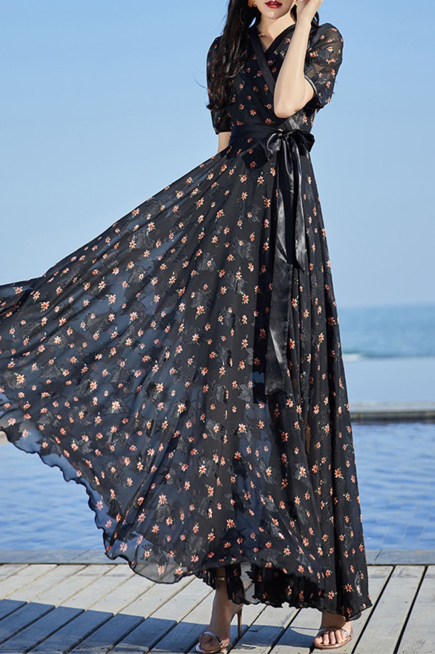 Black floral chiffon dress C4086