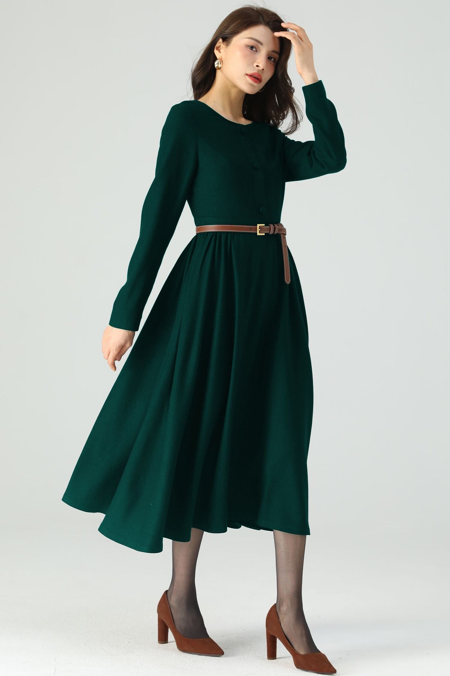 Dark Green Midi Wool Dress C4528