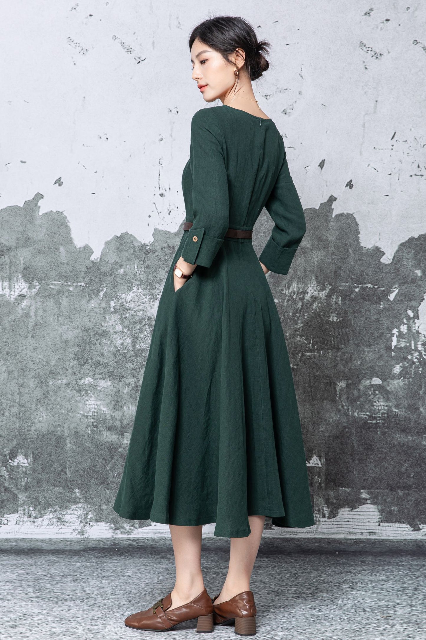 Dark Green Linen Midi Dress - Fit & Flare A-Line with Pockets c5460