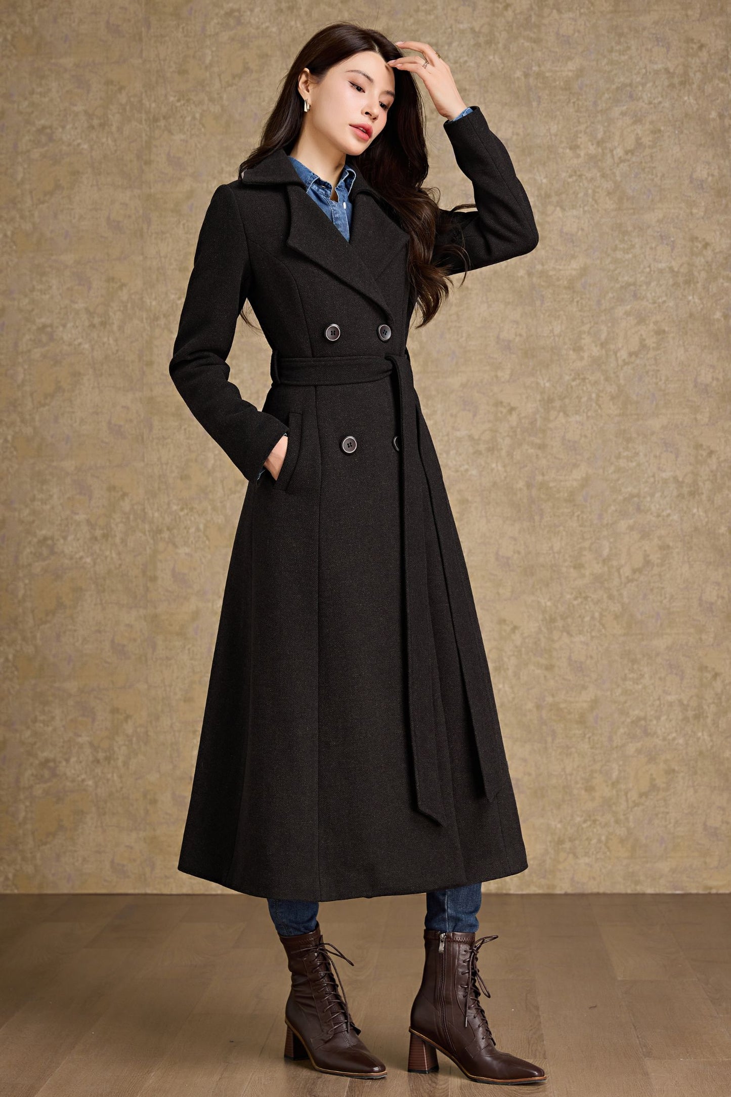 Winter warm brown Long Wool Coat C4479