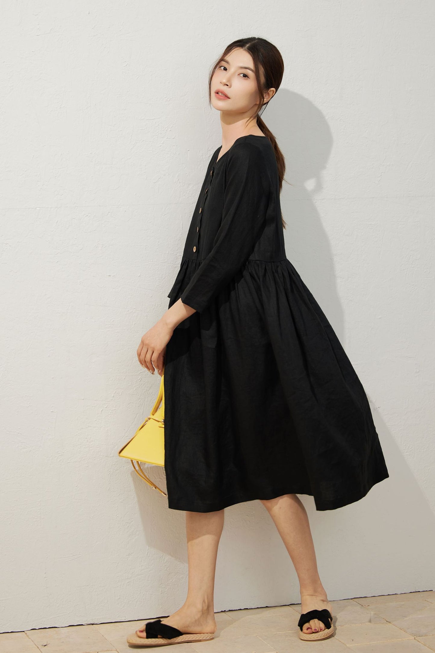 Black Linen Midi Dress with Button Detailing C3925