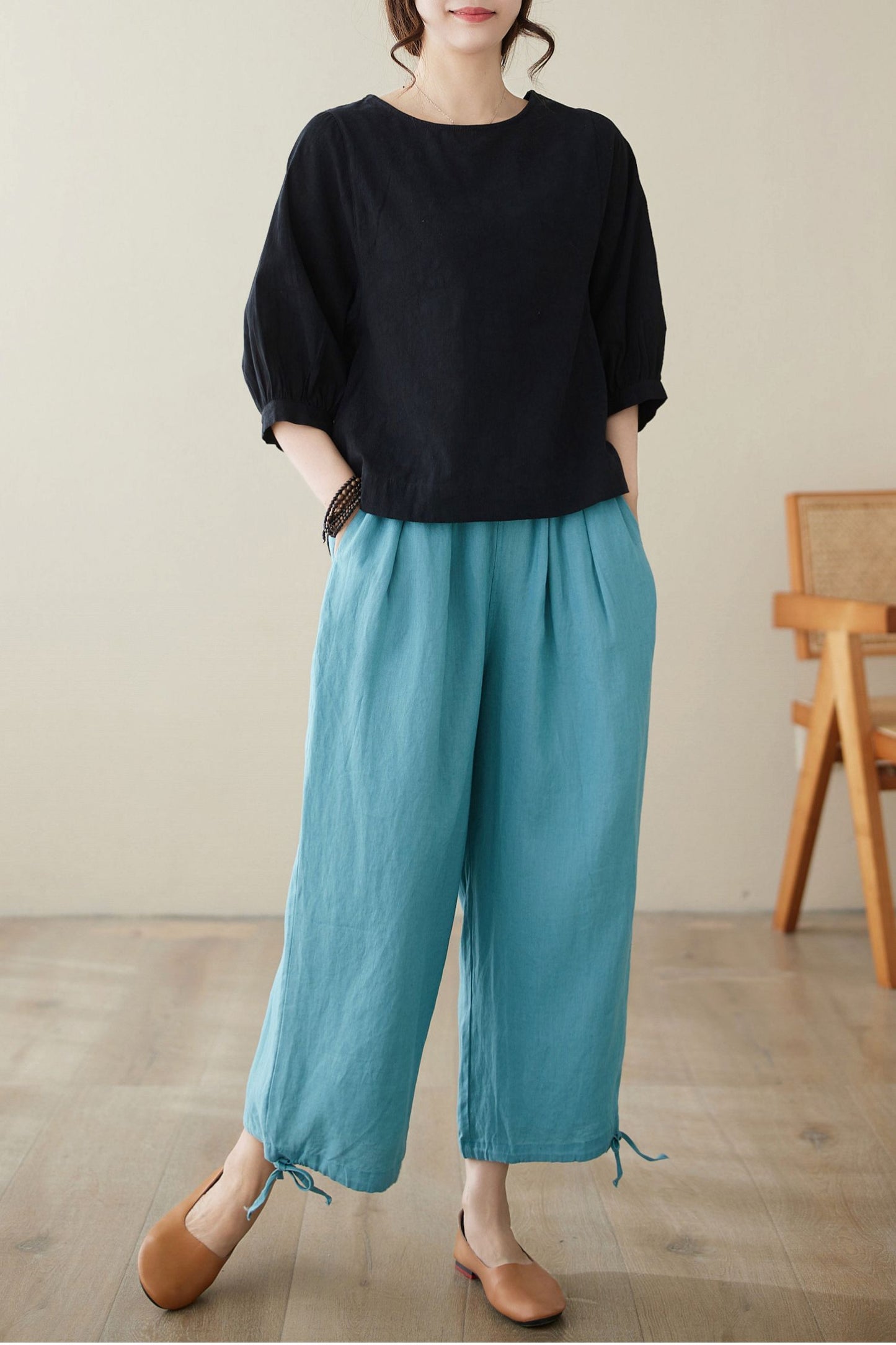 Blue elastic Waist casual linen pants C3965