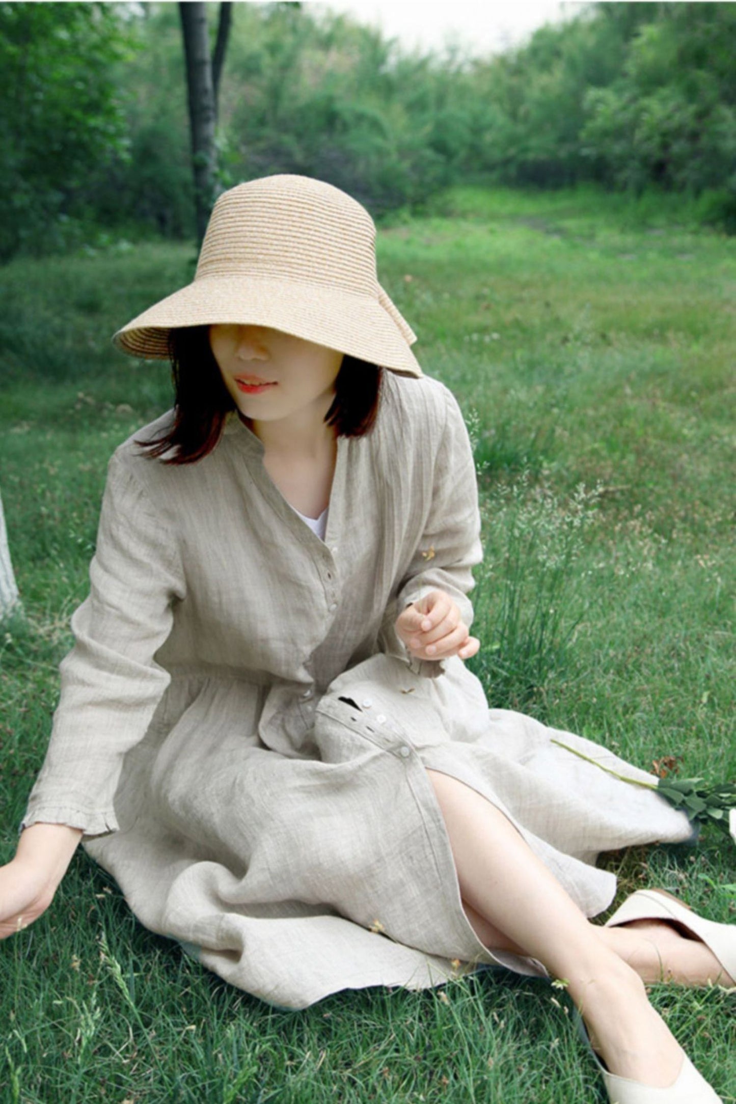 Light Green Linen Dress - V-Neck, High Waist, Loose Fit C3888