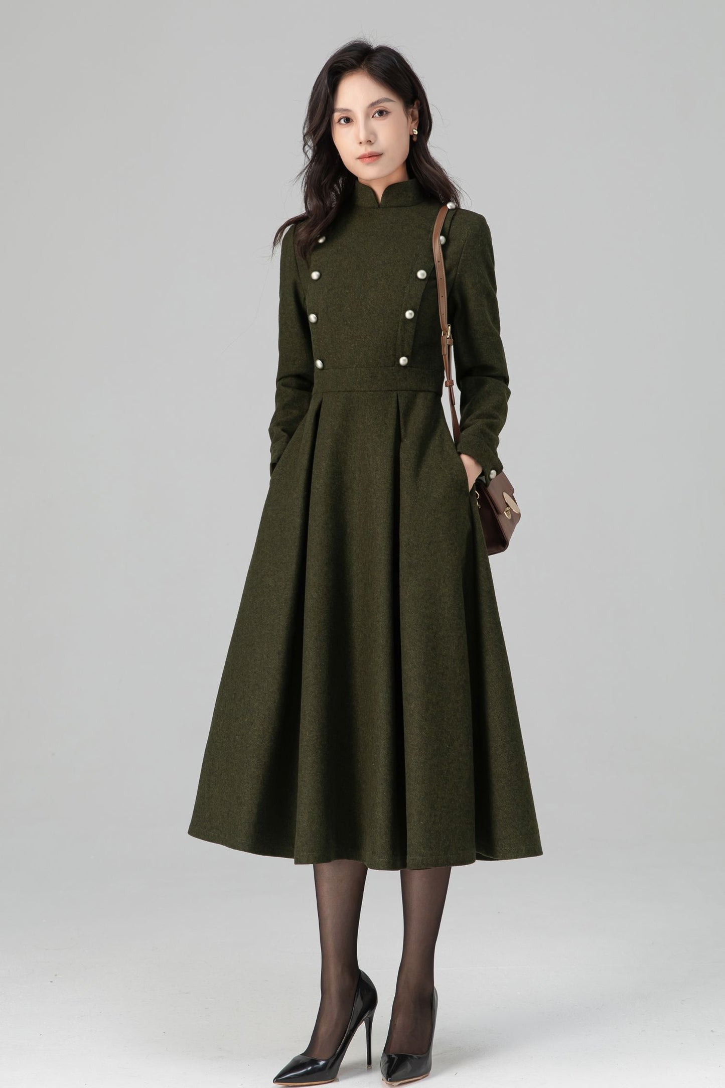 Military-Inspired Long Sleeve Wool Dress C5195