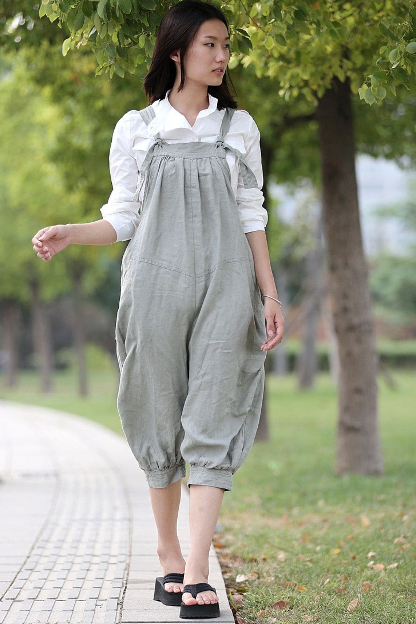 womens linen gray loose casual Wide leg jumpsuit C285