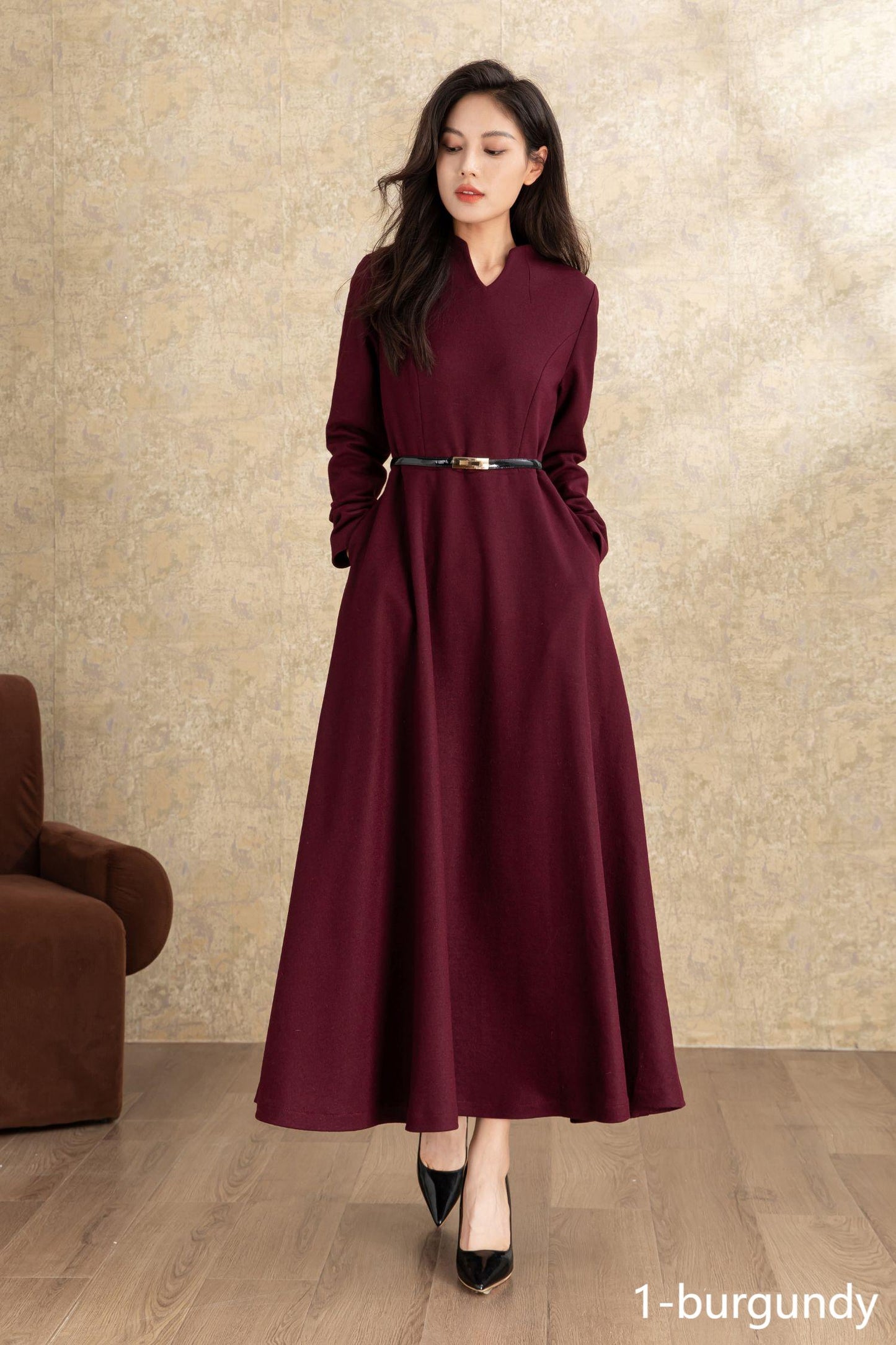Burgundy winter long wool dress women C4463