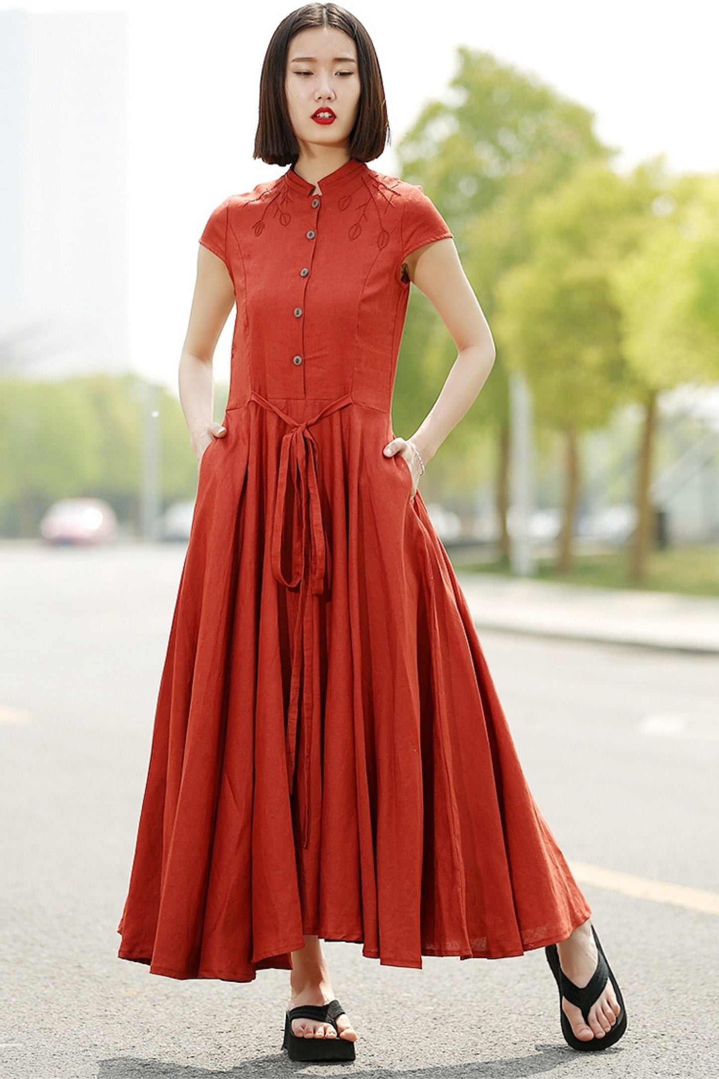 Linen maxi womens summer orange short sleeve dress C352
