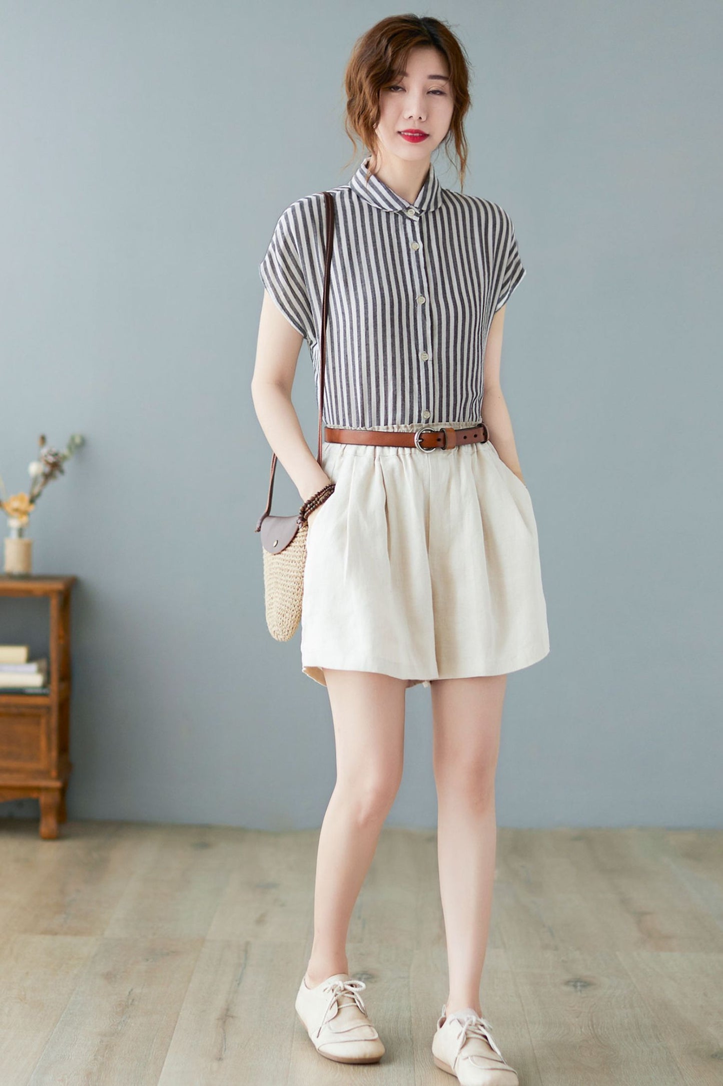 Women's Striped Button Up Short Sleeve Shirts C2366