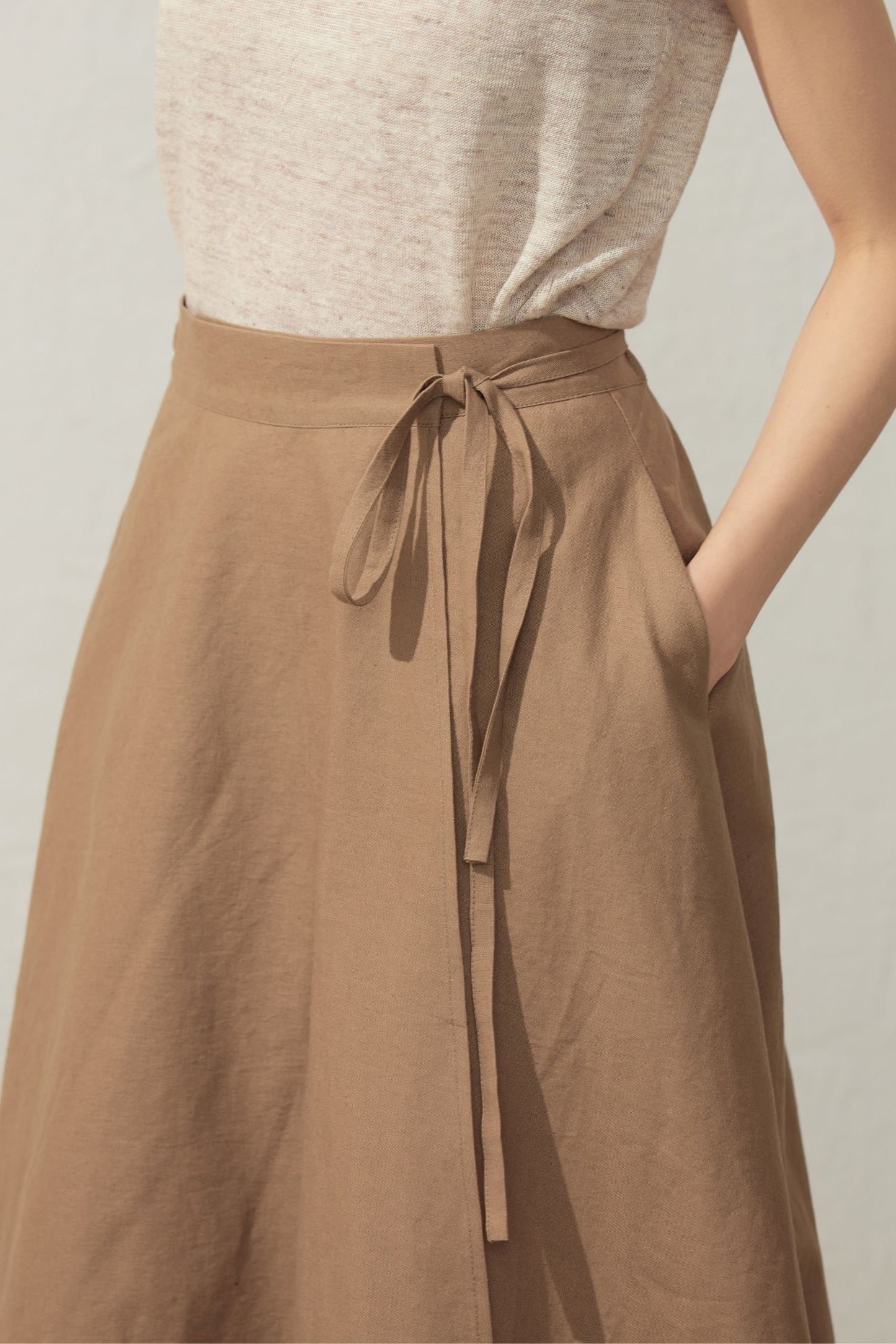 A-Line Light Brown Wrap Linen Skirt  C3929