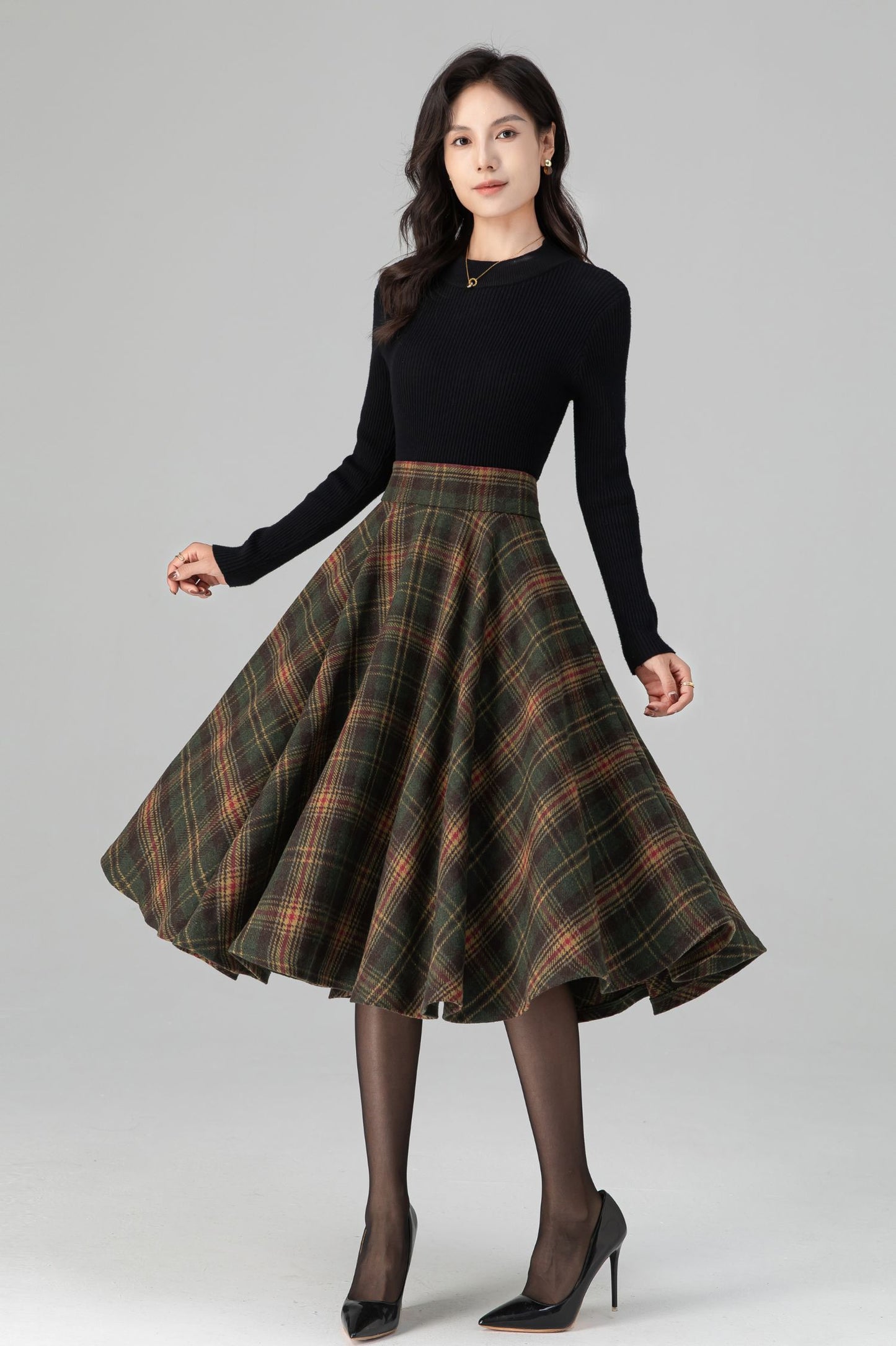 Swing Retro Tartan Midi Plaid Wool Skirt C5197