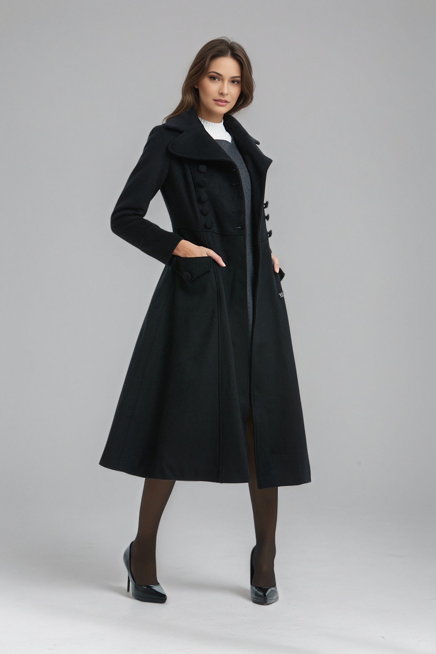 Vintage Black Midi Wool Coat for Winter-Women C5137
