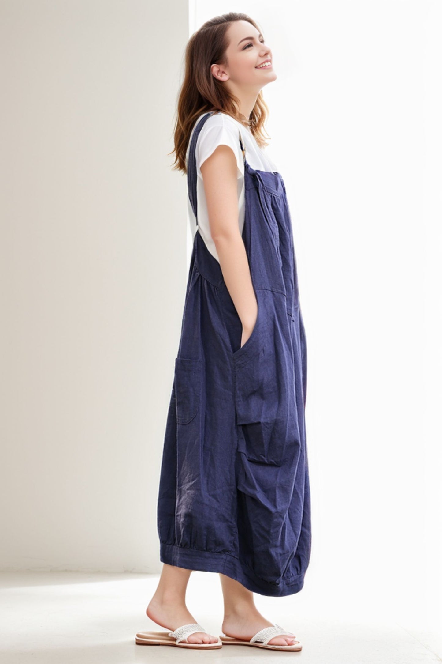 Linen Pinafore Blue Suspender Dress C278