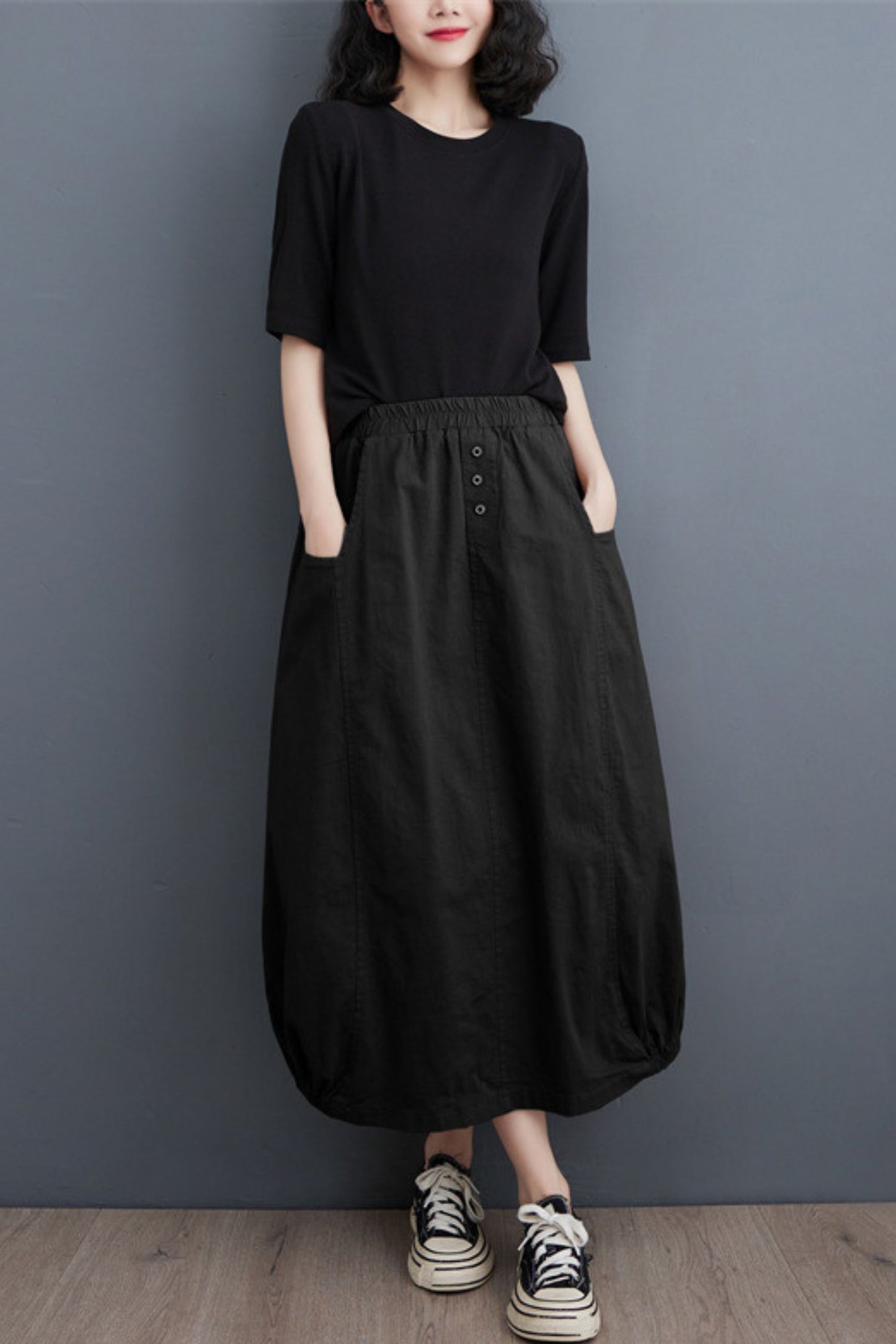 Cotton Linen Women Casual Elastic Waist A-line Skirt TT0020