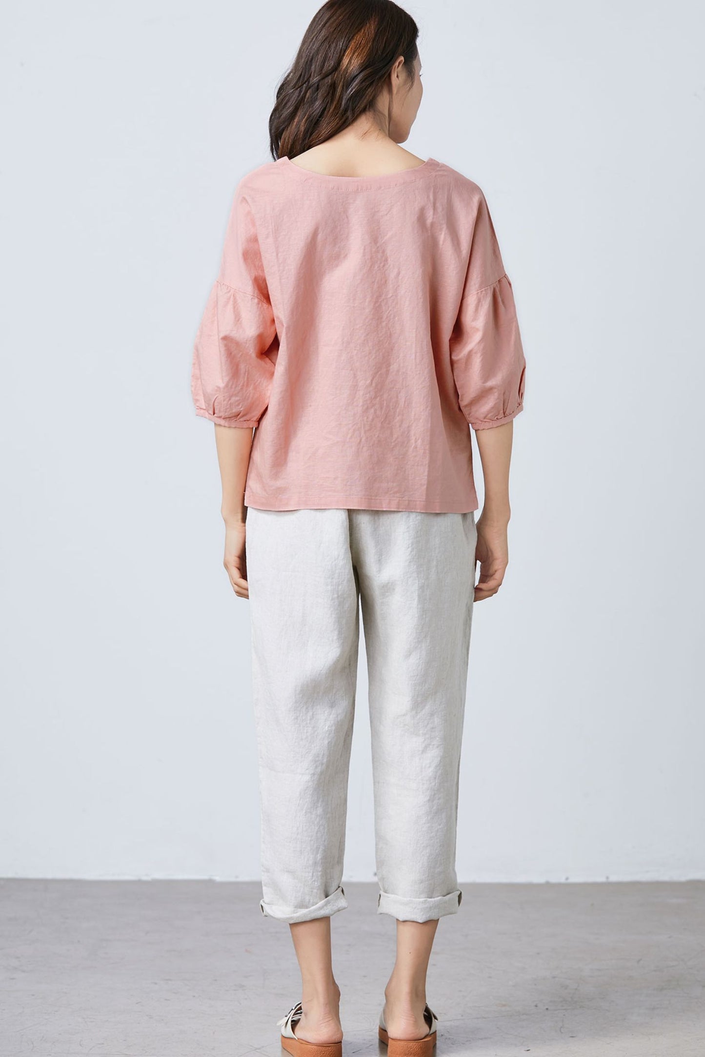 Women Leisure Linen Tops Summer V Neck Blouse C1682