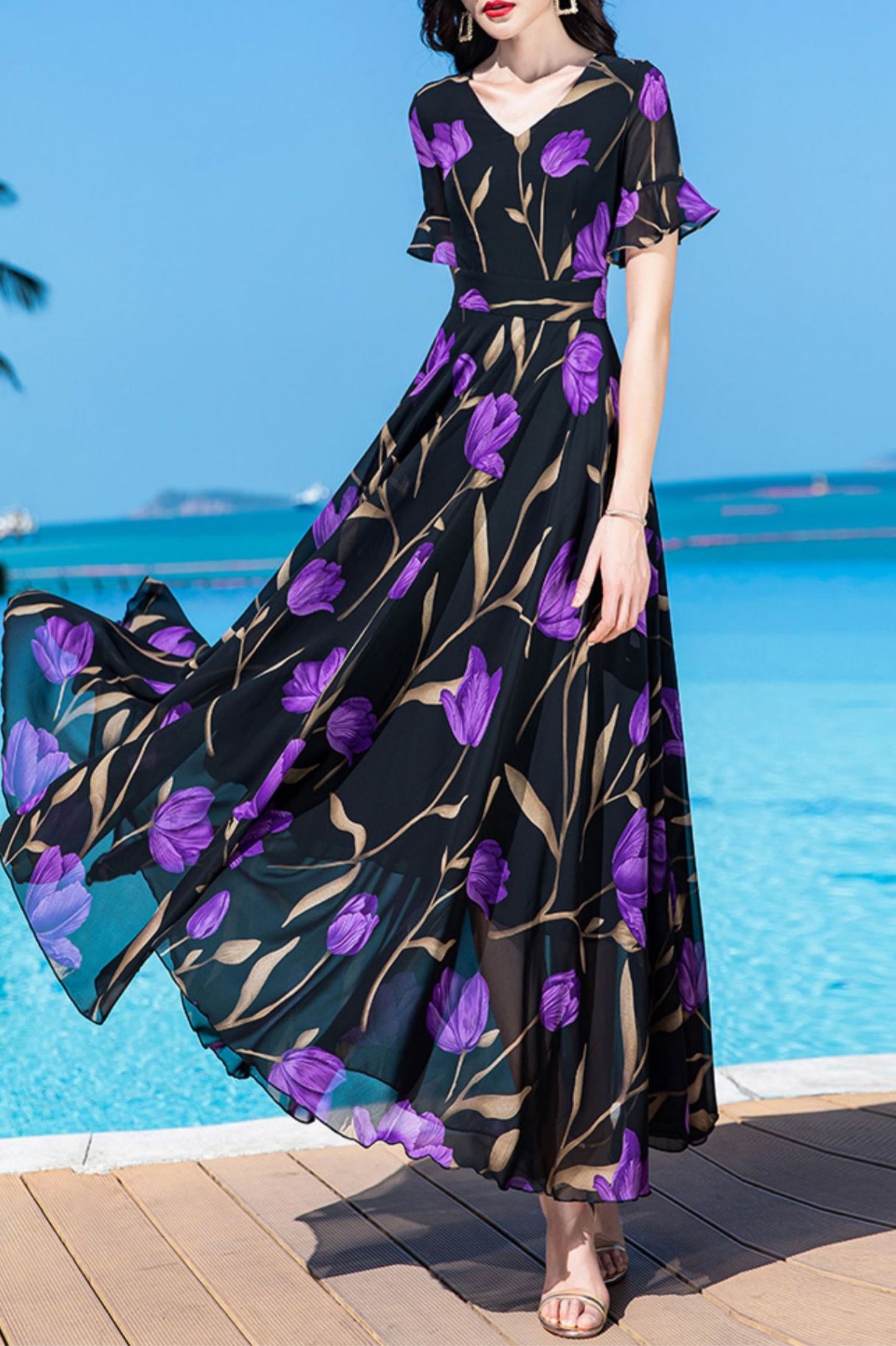 Floor-length summer new French long chiffon dress women C4030